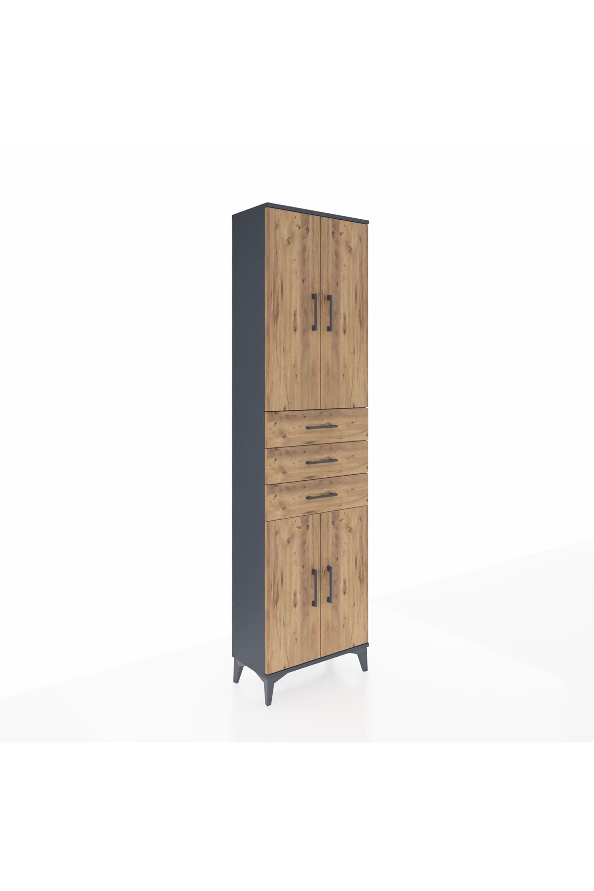 Arges Dolap 4 Raflı 3 Çekmeceli 4 Kapaklı 60x30x221 Antrasit-Çam