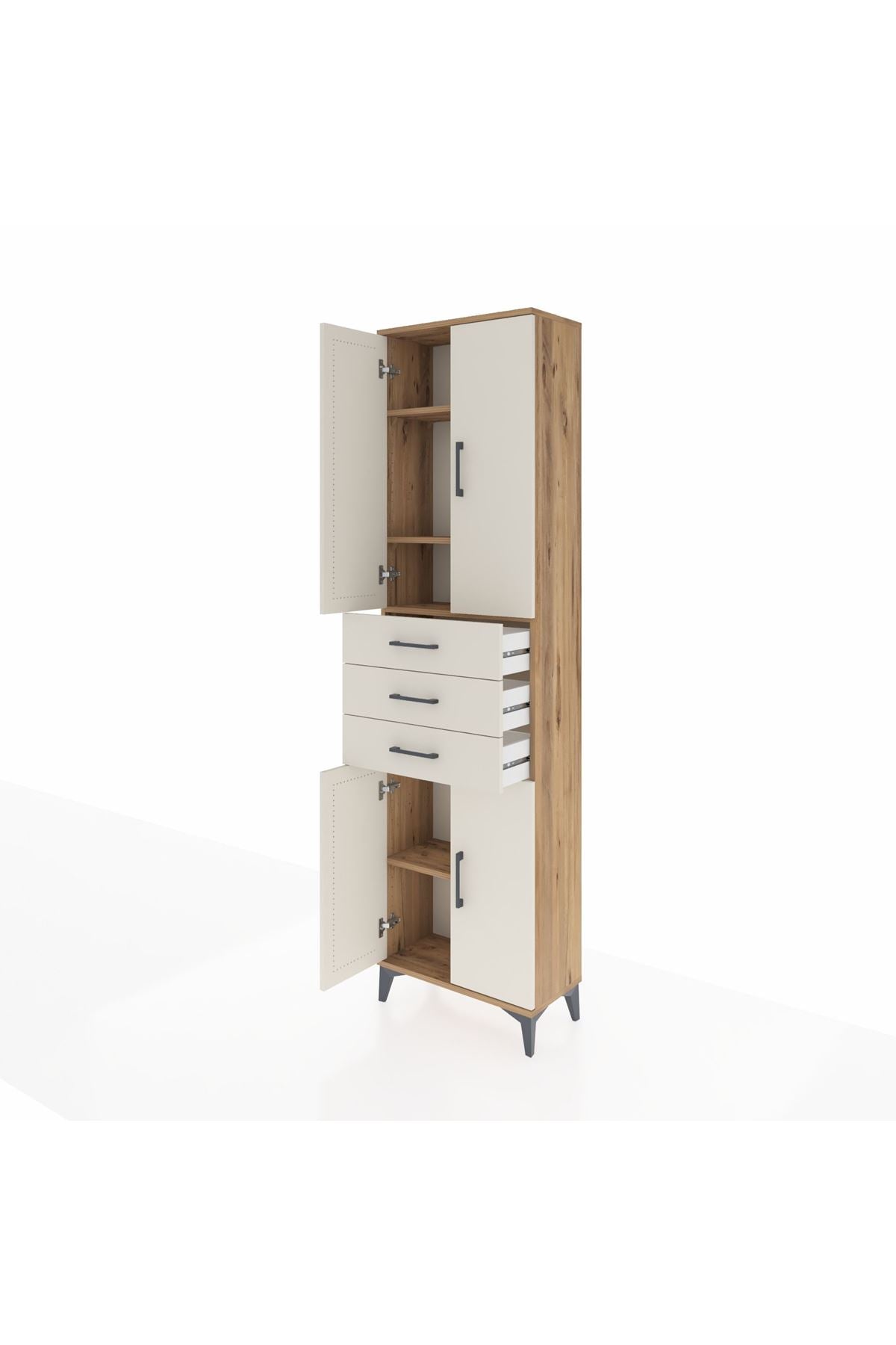 Arges Dolap 4 Raflı 3 Çekmeceli 4 Kapaklı 60x30x221 Çam-Aytaşı