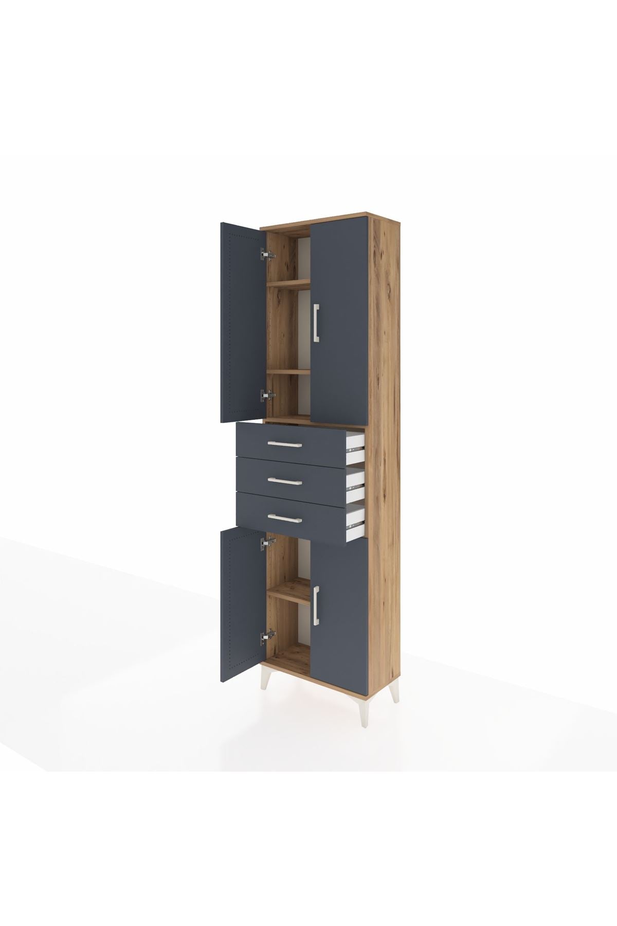 Arges Dolap 4 Raflı 3 Çekmeceli 4 Kapaklı 60x30x221 Çam-Antrasit