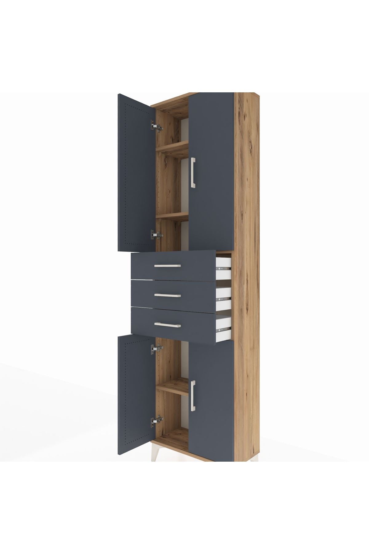 Arges Dolap 4 Raflı 3 Çekmeceli 4 Kapaklı 60x30x221 Çam-Antrasit