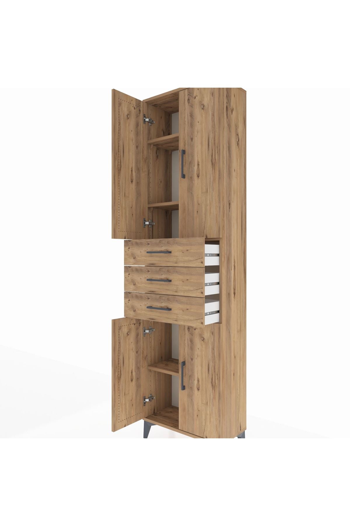 Arges Dolap 4 Raflı 3 Çekmeceli 4 Kapaklı 60x30x221 Çam-Çam