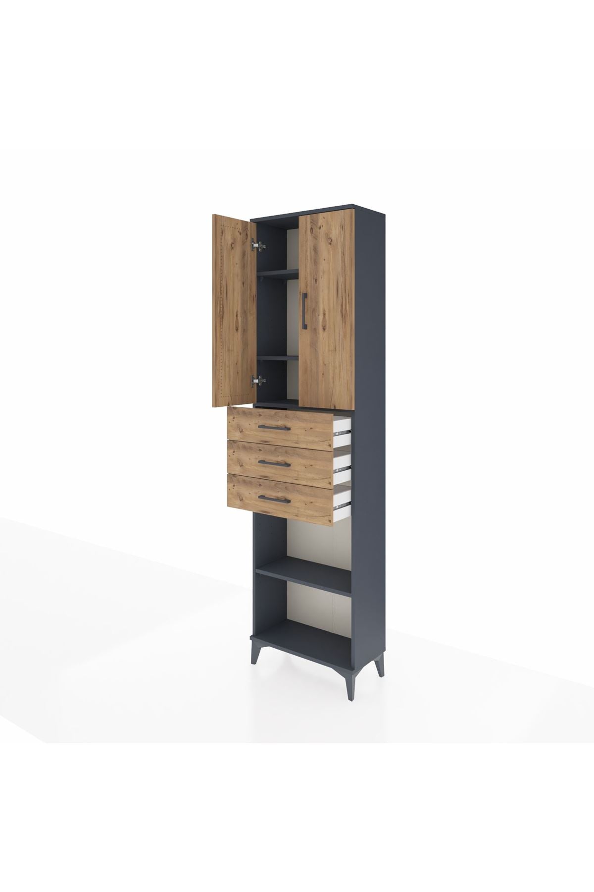 Arges Dolap 4 Raflı 3 Çekmeceli 2 Kapaklı 60x30x221 Antrasit-Çam