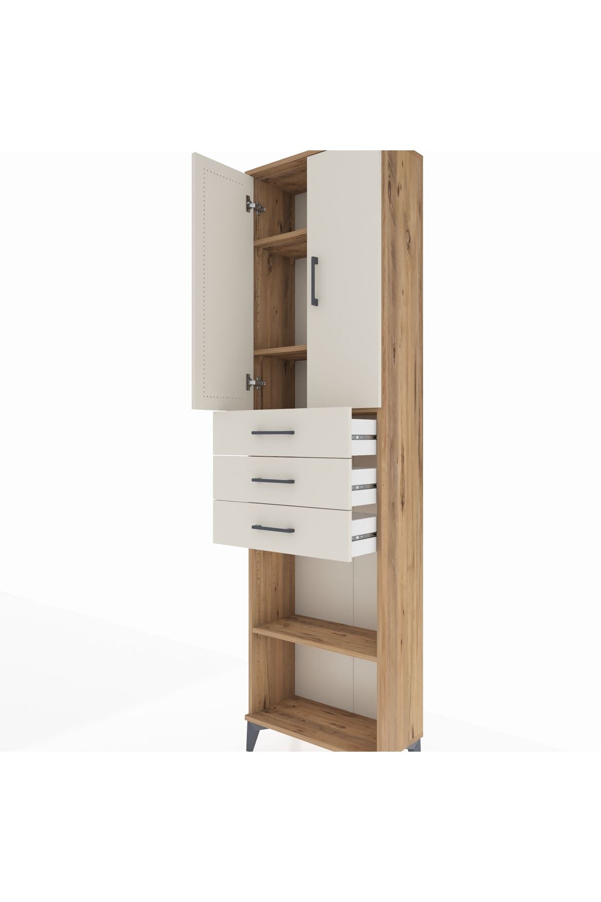 Arges Dolap 4 Raflı 3 Çekmeceli 2 Kapaklı 60x30x221 Çam-Aytaşı