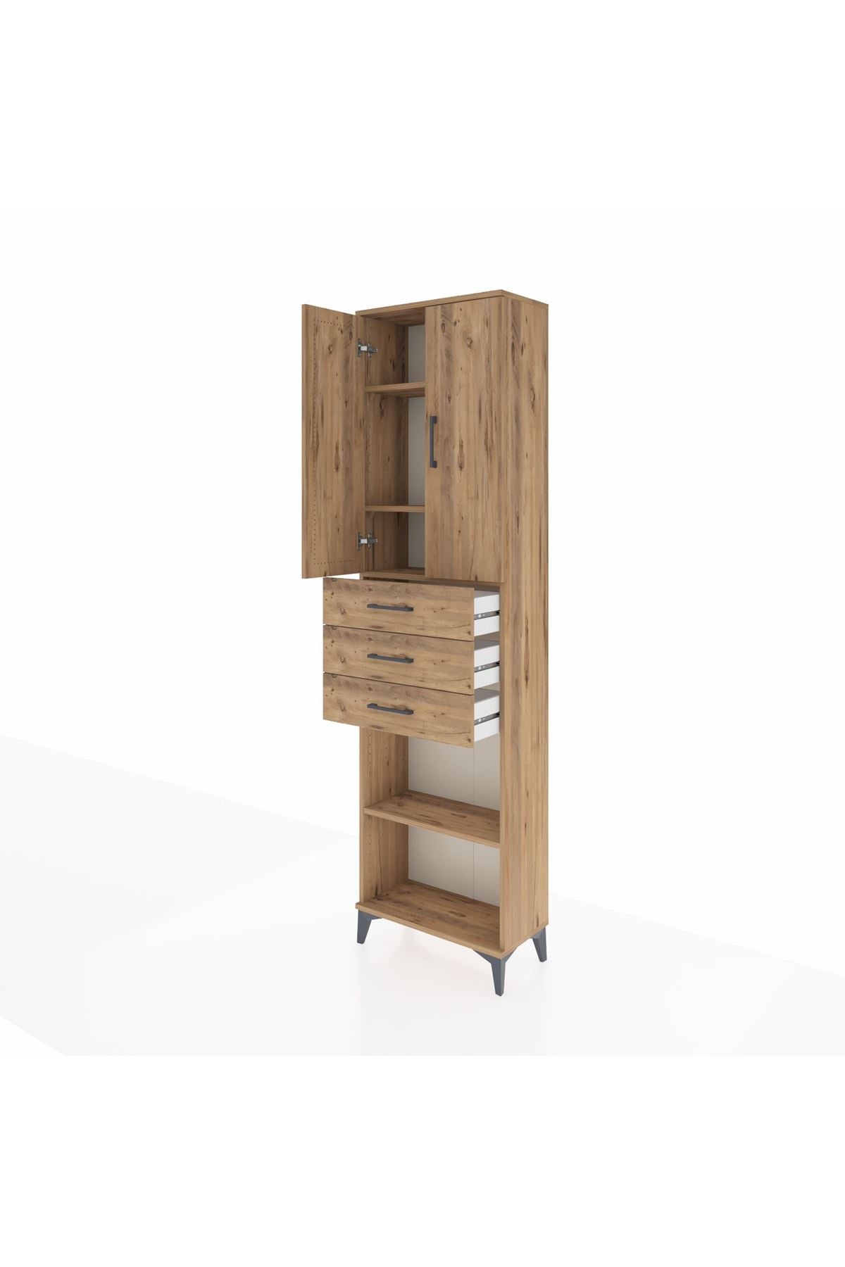 Arges Dolap 4 Raflı 3 Çekmeceli 2 Kapaklı 60x30x221 Çam-Çam