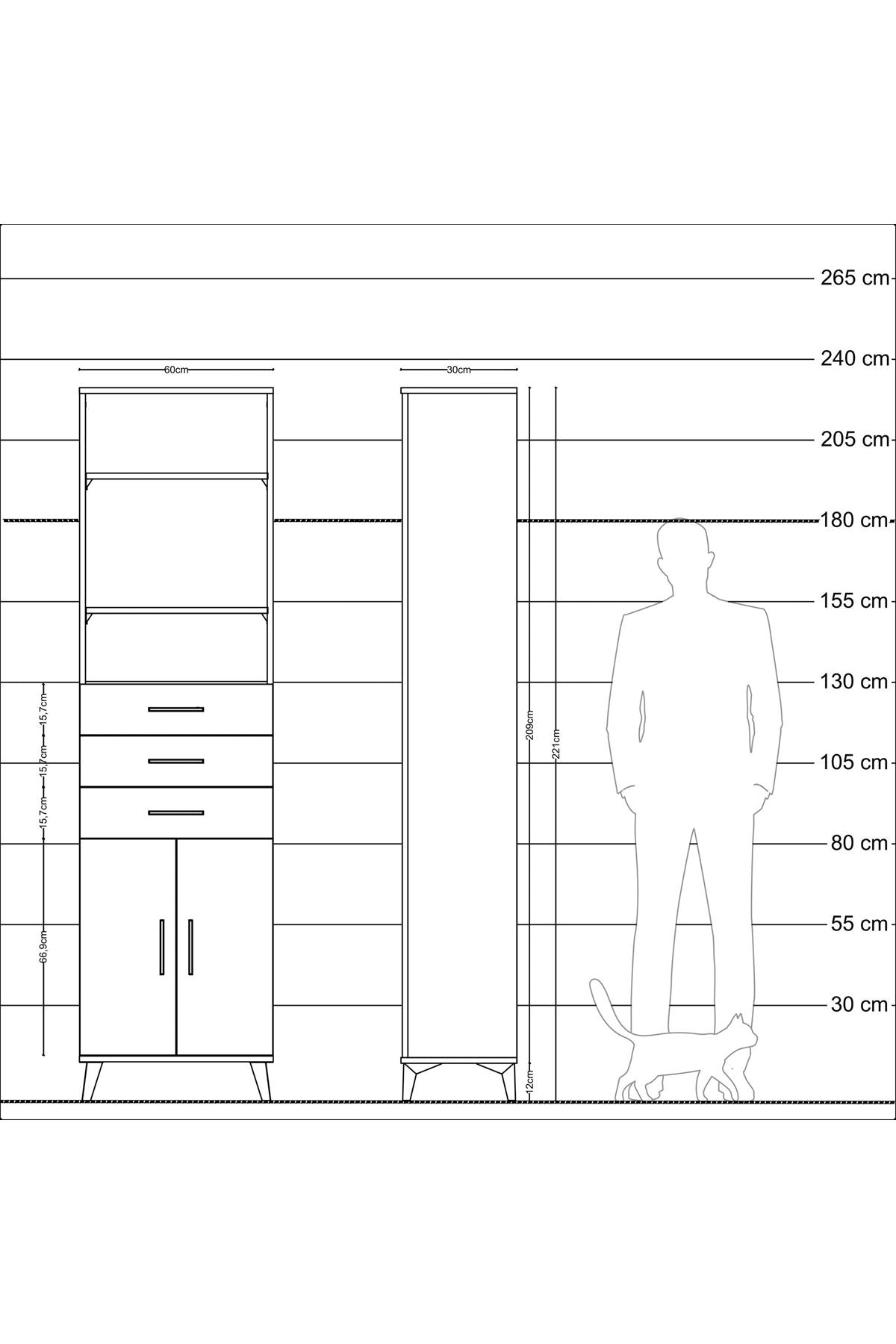 Arges Dolap 4 Raflı 3 Çekmeceli 2 Kapaklı 60x30x221 Antrasit-Aytaşı