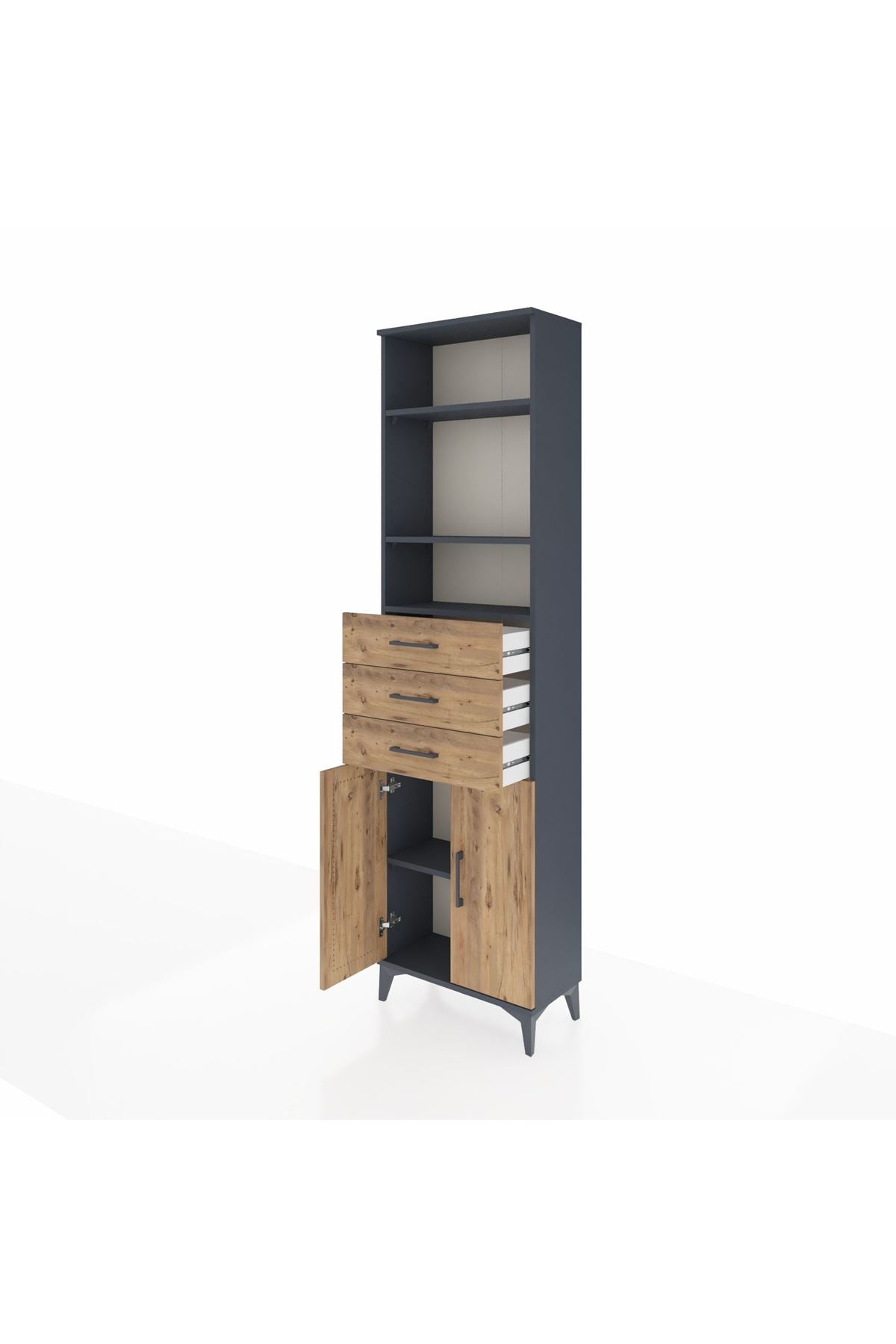 Arges Dolap 4 Raflı 3 Çekmeceli 2 Kapaklı 60x30x221 Antrasit-Çam