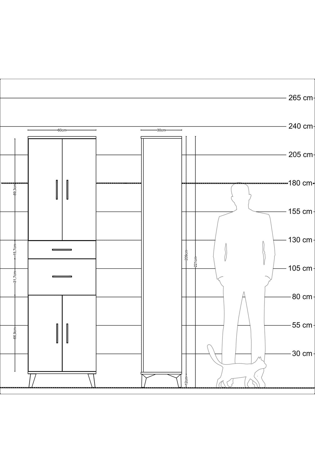 Arges Dolap 4 Raflı 2 Çekmeceli 4 Kapaklı 60x30x221 Çam-Çam