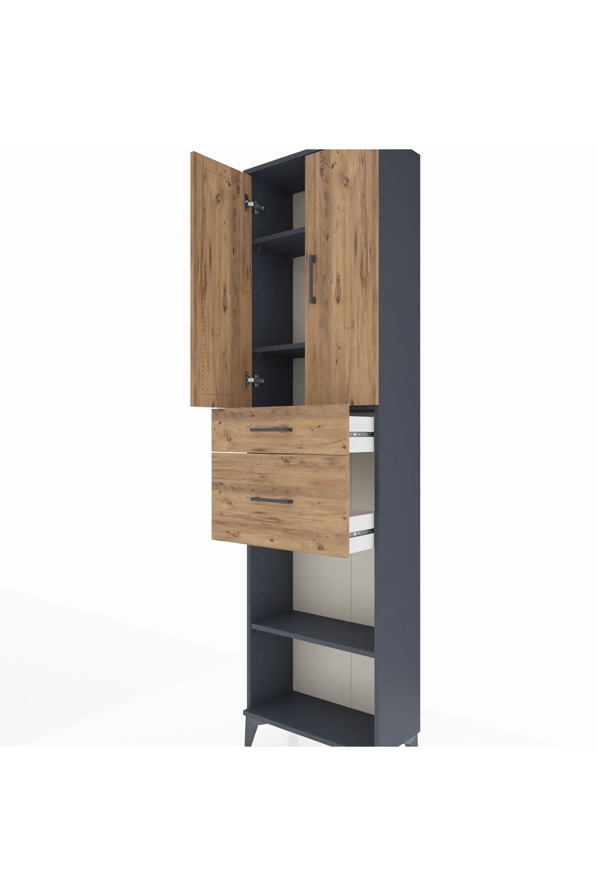 Arges Dolap 4 Raflı 2 Çekmeceli 2 Kapaklı 60x30x221 Antrasit-Çam