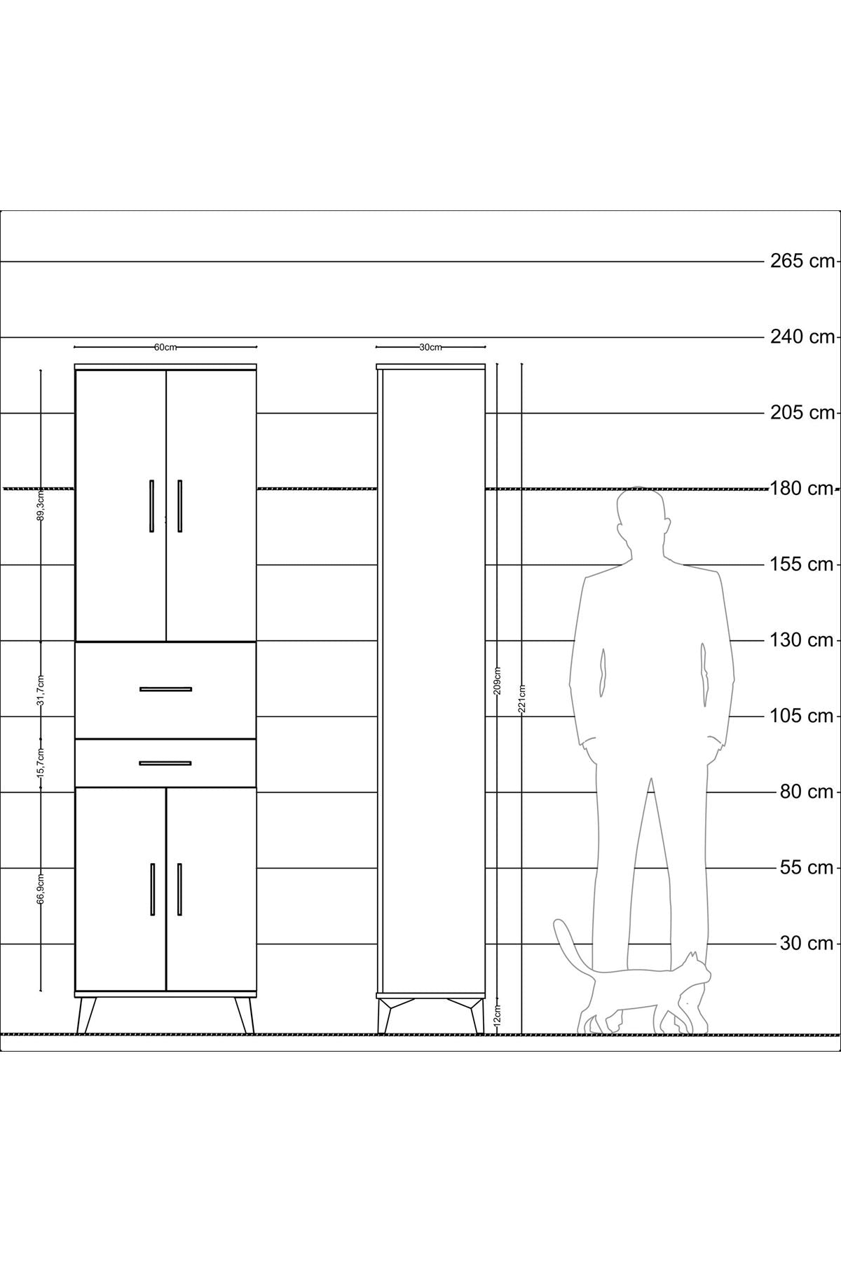 Arges Dolap 4 Raflı 2 Çekmeceli 4 Kapaklı 60x30x221 Antrasit-Antrasit