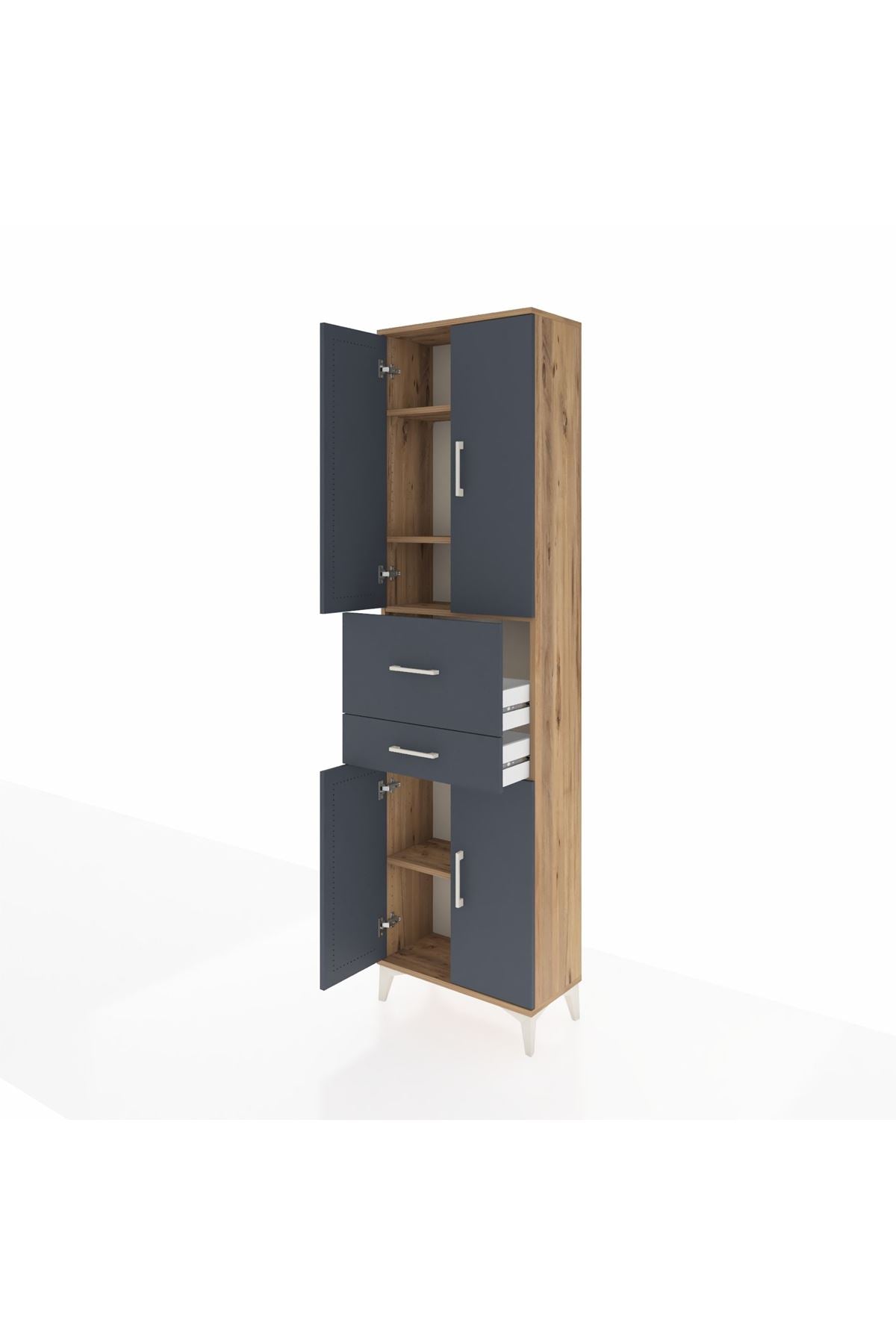 Arges Dolap 4 Raflı 2 Çekmeceli 4 Kapaklı 60x30x221 Çam-Antrasit