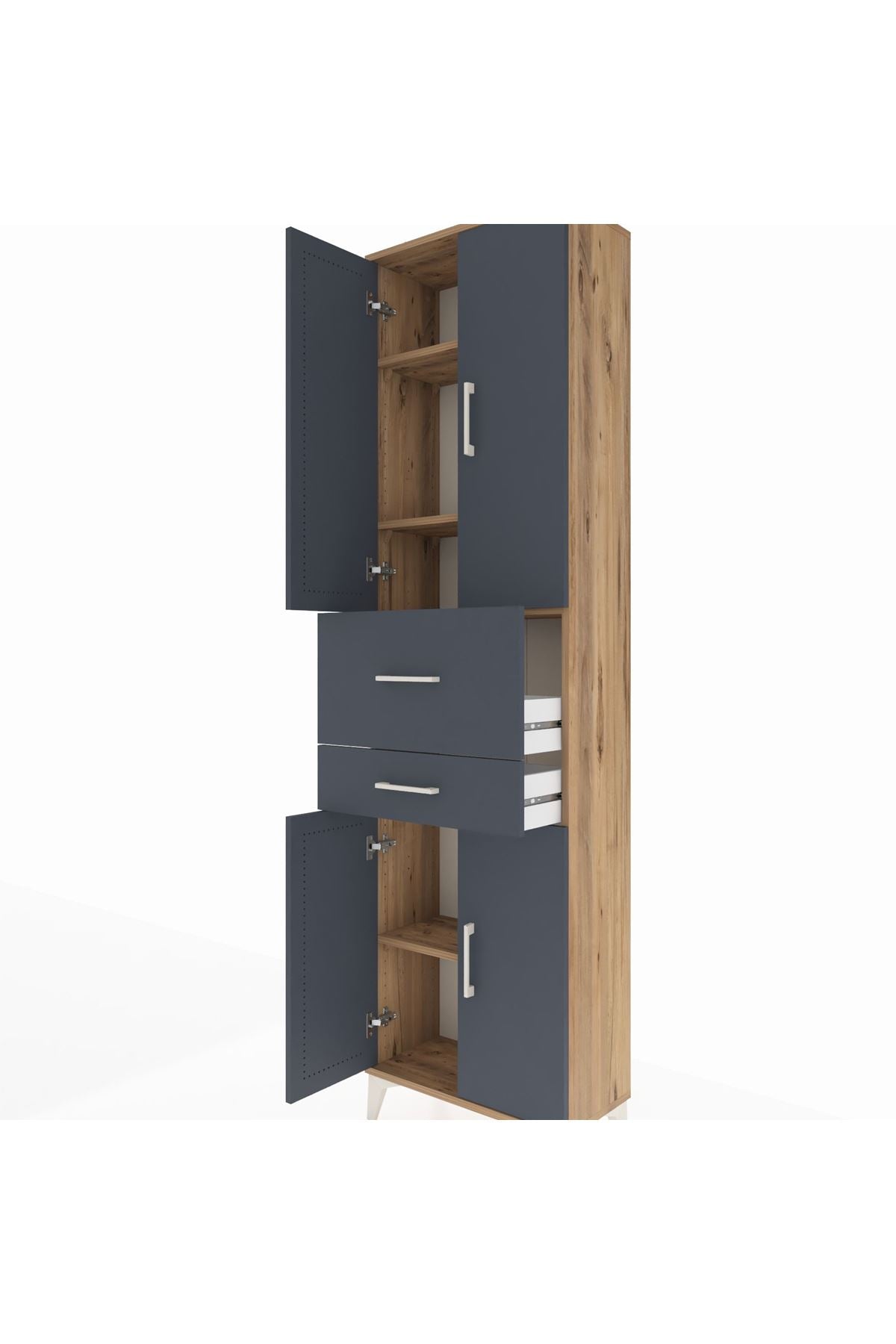 Arges Dolap 4 Raflı 2 Çekmeceli 4 Kapaklı 60x30x221 Çam-Antrasit