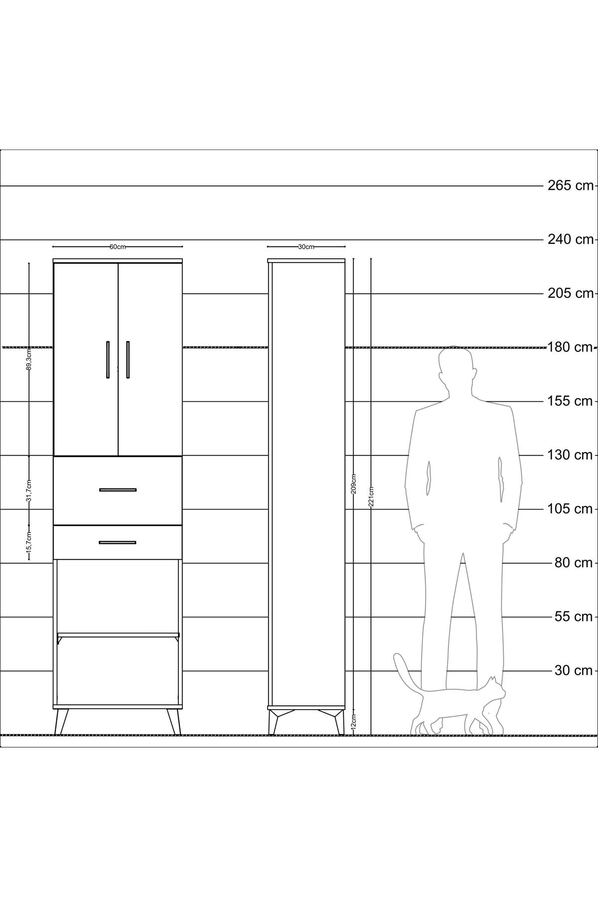 Arges Dolap 4 Raflı 2 Çekmeceli 2 Kapaklı 60x30x221 Çam-Çam