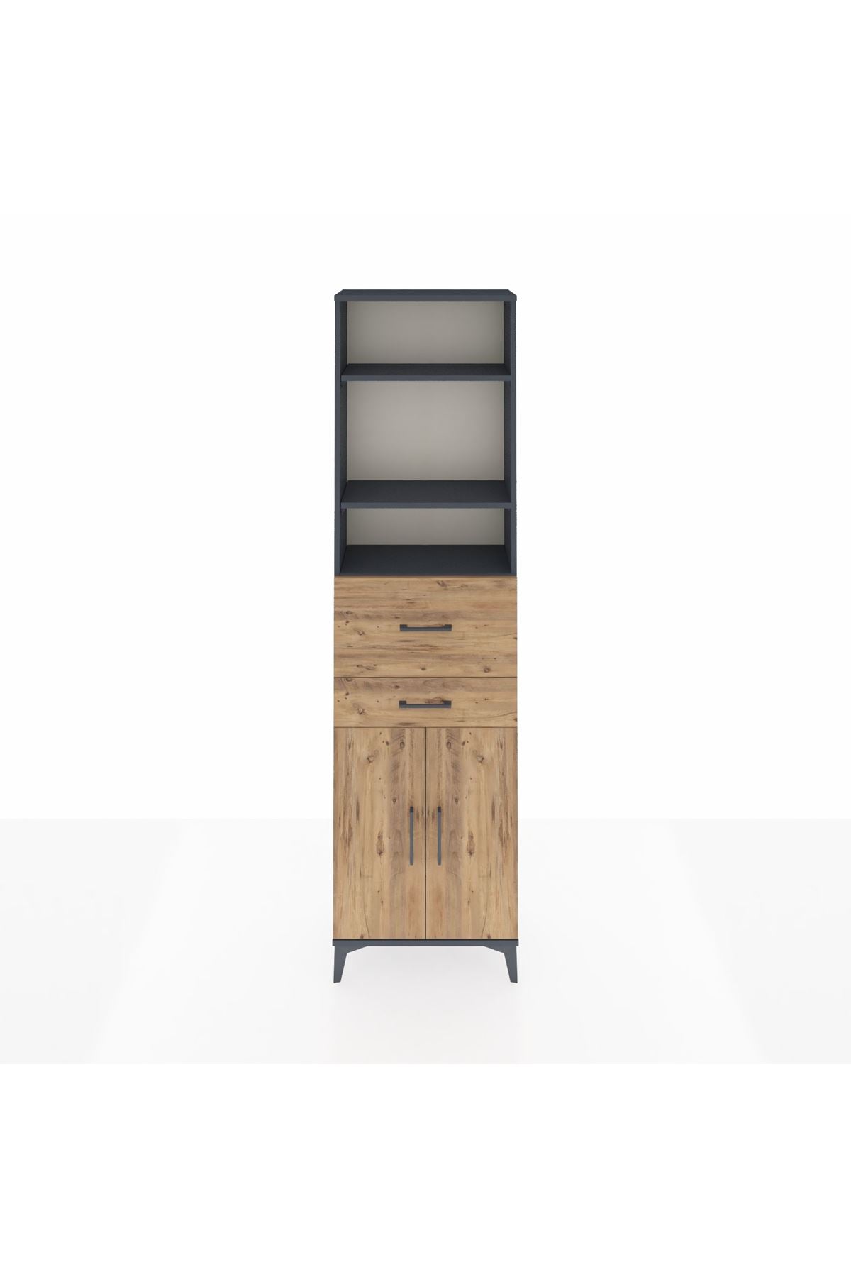 Arges Dolap 4 Raflı 2 Çekmeceli 2 Kapaklı 60x30x221 Antrasit-Çam