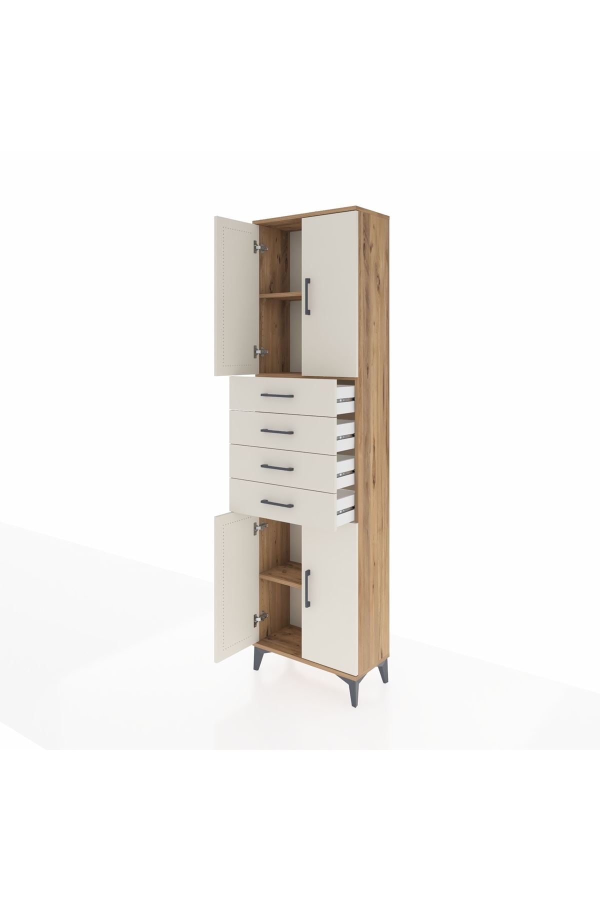 Arges Dolap 3 Raflı 4 Çekmeceli 4 Kapaklı 60x30x221 Çam-Aytaşı