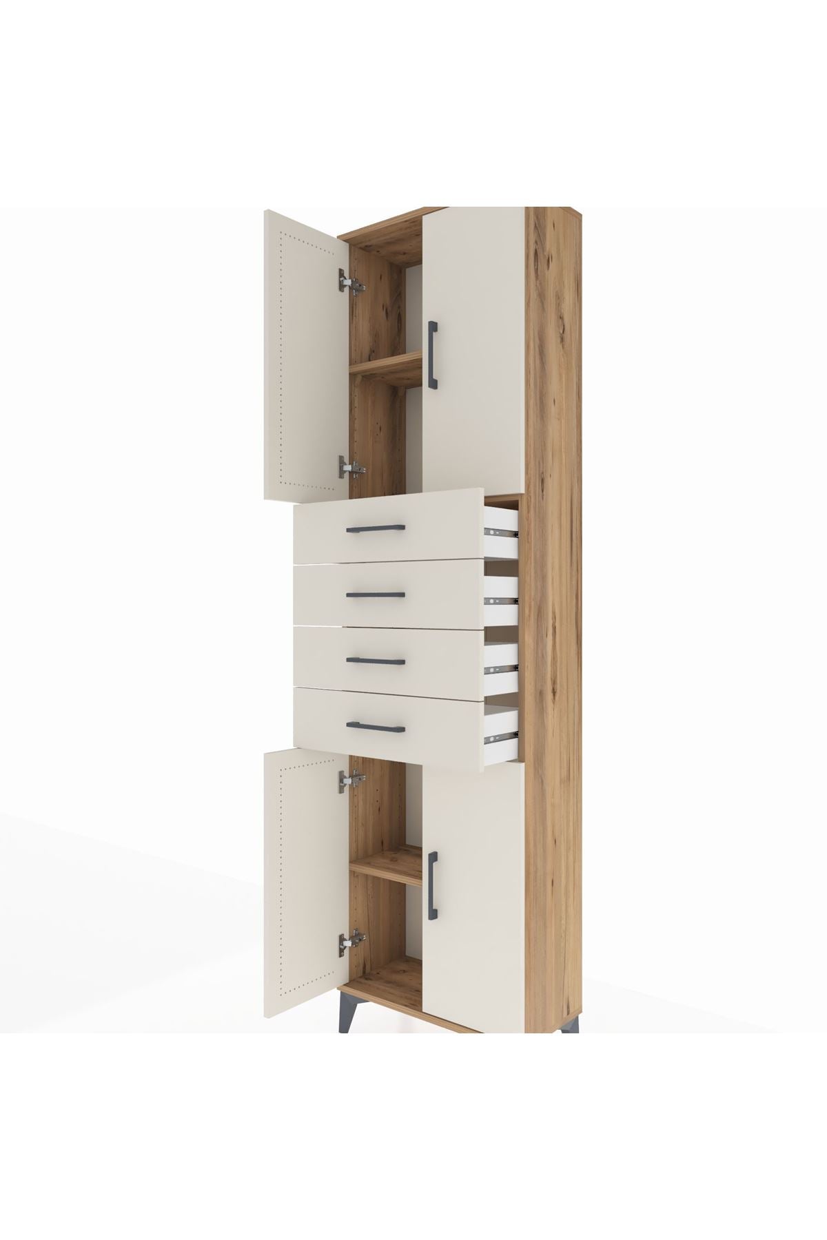 Arges Dolap 3 Raflı 4 Çekmeceli 4 Kapaklı 60x30x221 Çam-Aytaşı