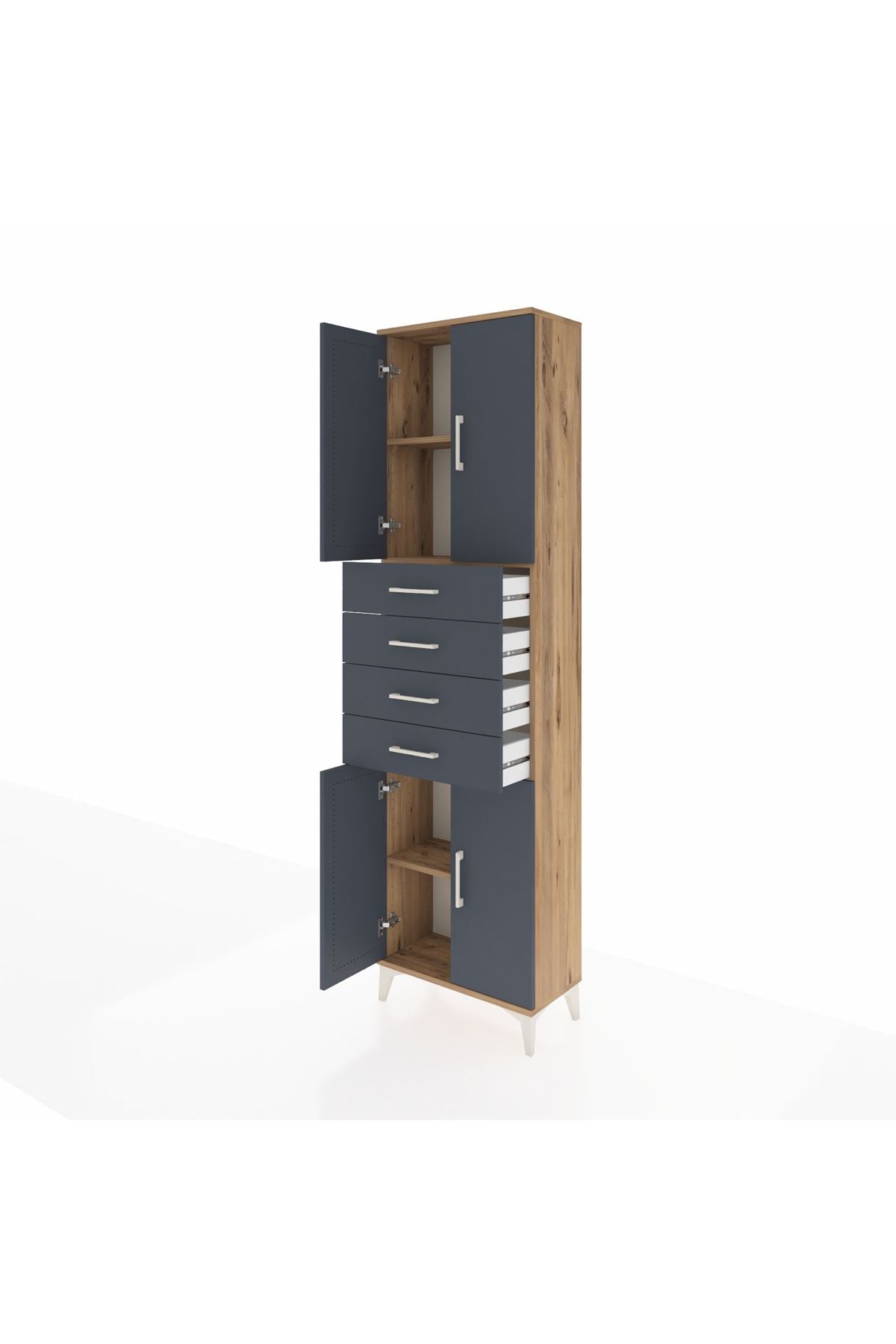 Arges Dolap 3 Raflı 4 Çekmeceli 4 Kapaklı 60x30x221 Çam-Antrasit