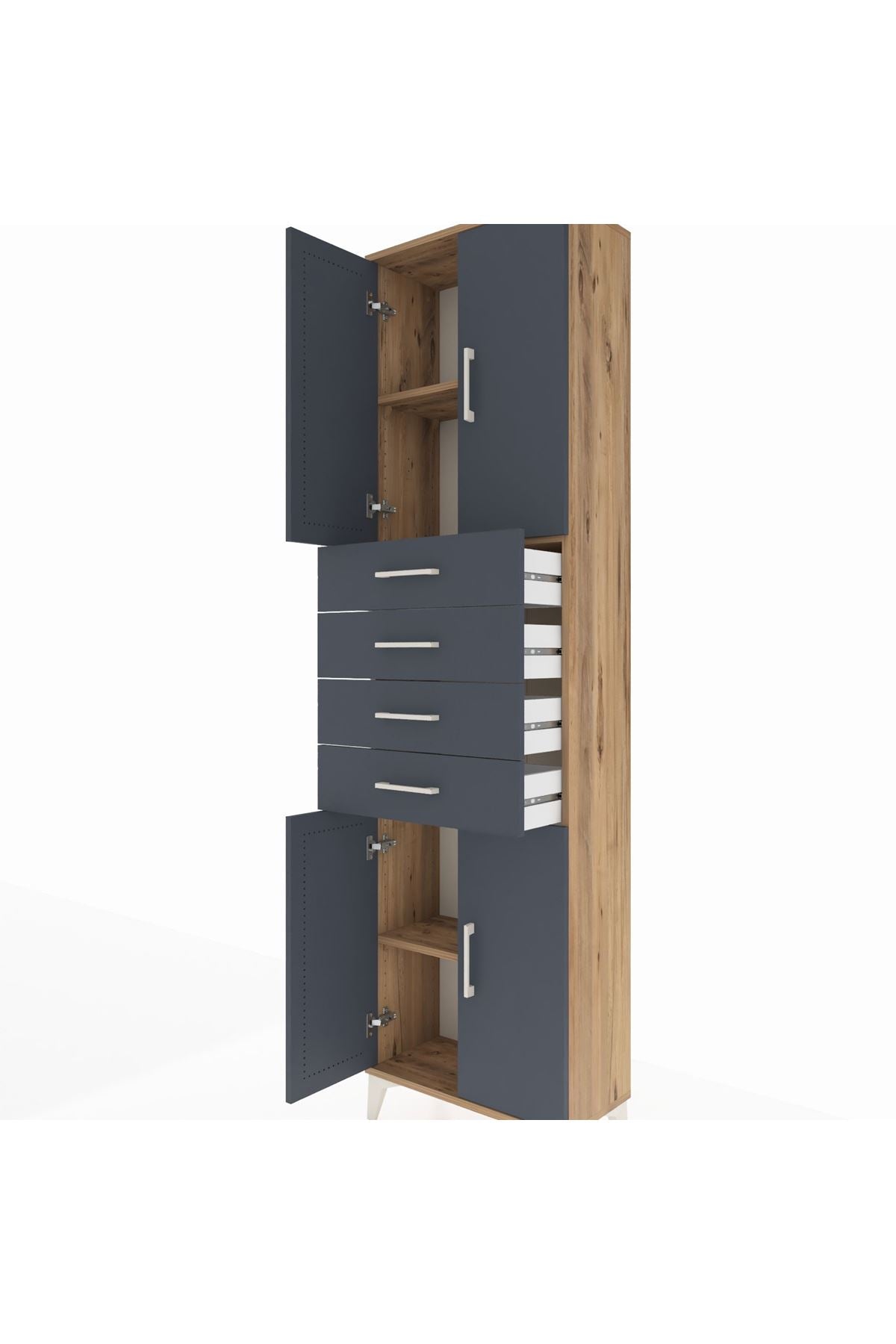 Arges Dolap 3 Raflı 4 Çekmeceli 4 Kapaklı 60x30x221 Çam-Antrasit