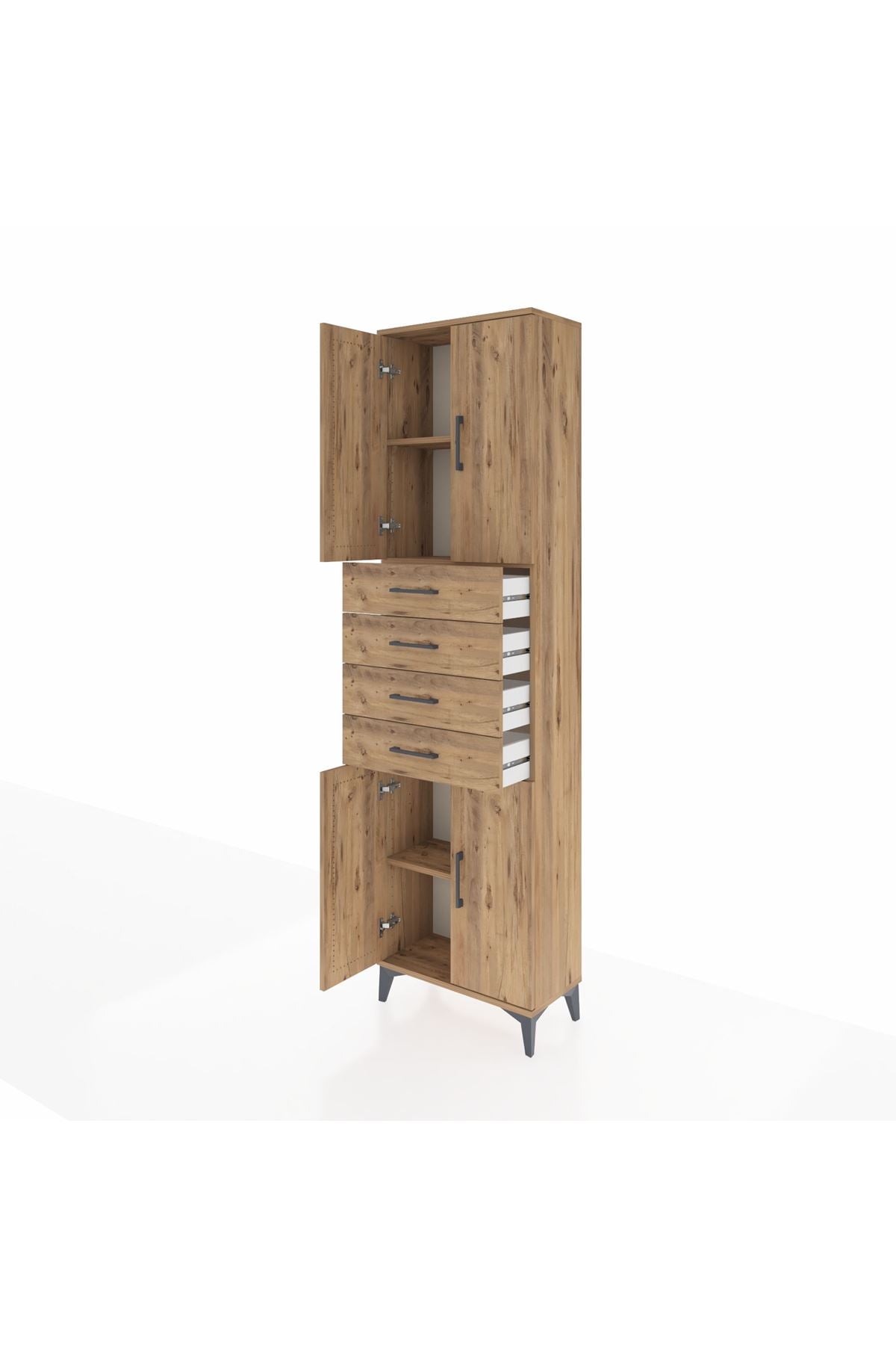 Arges Dolap 3 Raflı 4 Çekmeceli 4 Kapaklı 60x30x221 Çam-Çam