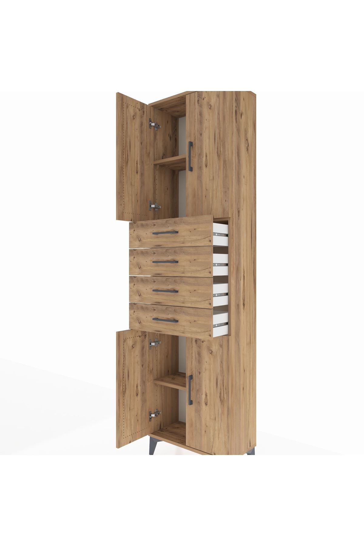 Arges Dolap 3 Raflı 4 Çekmeceli 4 Kapaklı 60x30x221 Çam-Çam