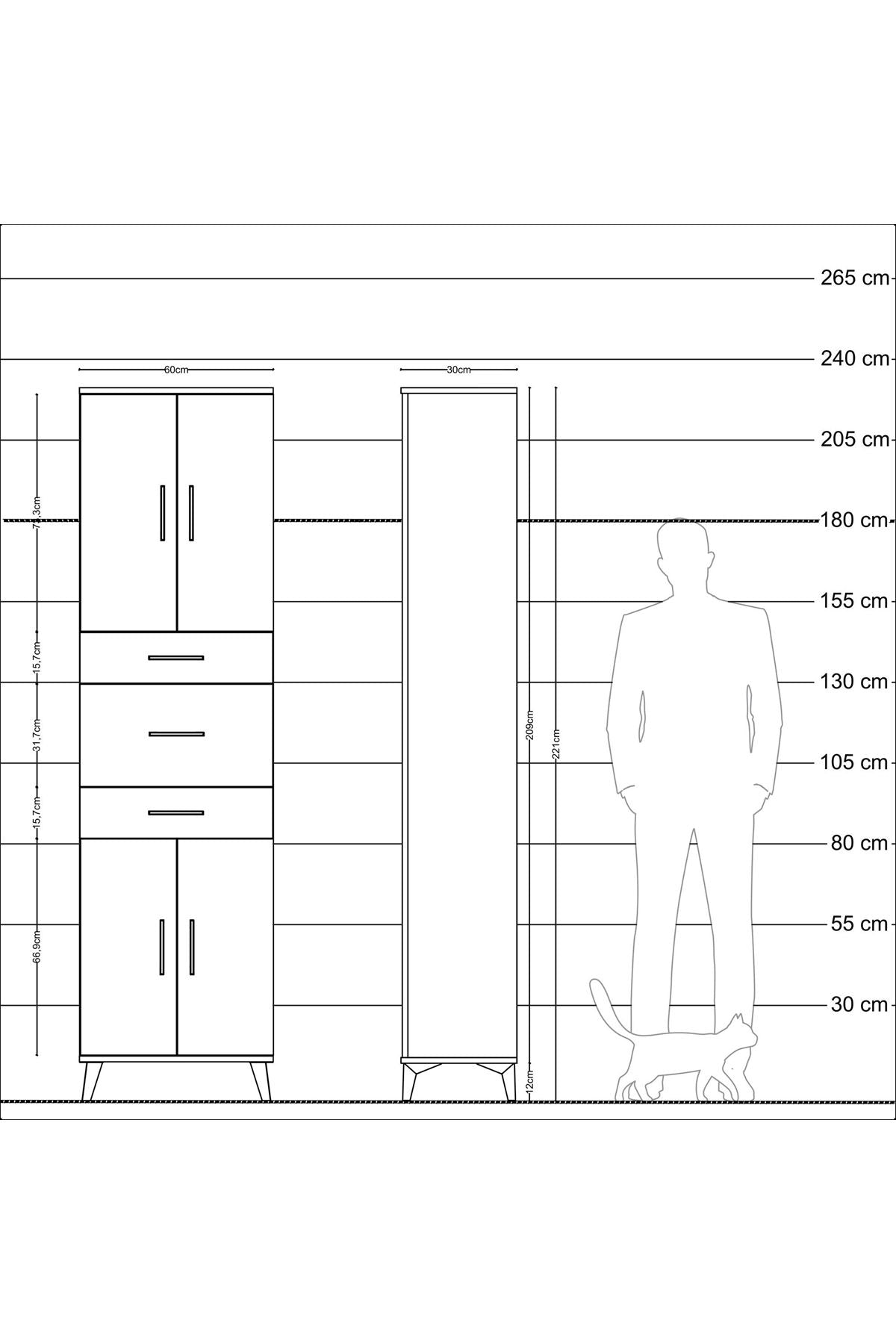 Arges Dolap 3 Raflı 3 Çekmeceli 4 Kapaklı 60x30x221 Çam-Antrasit