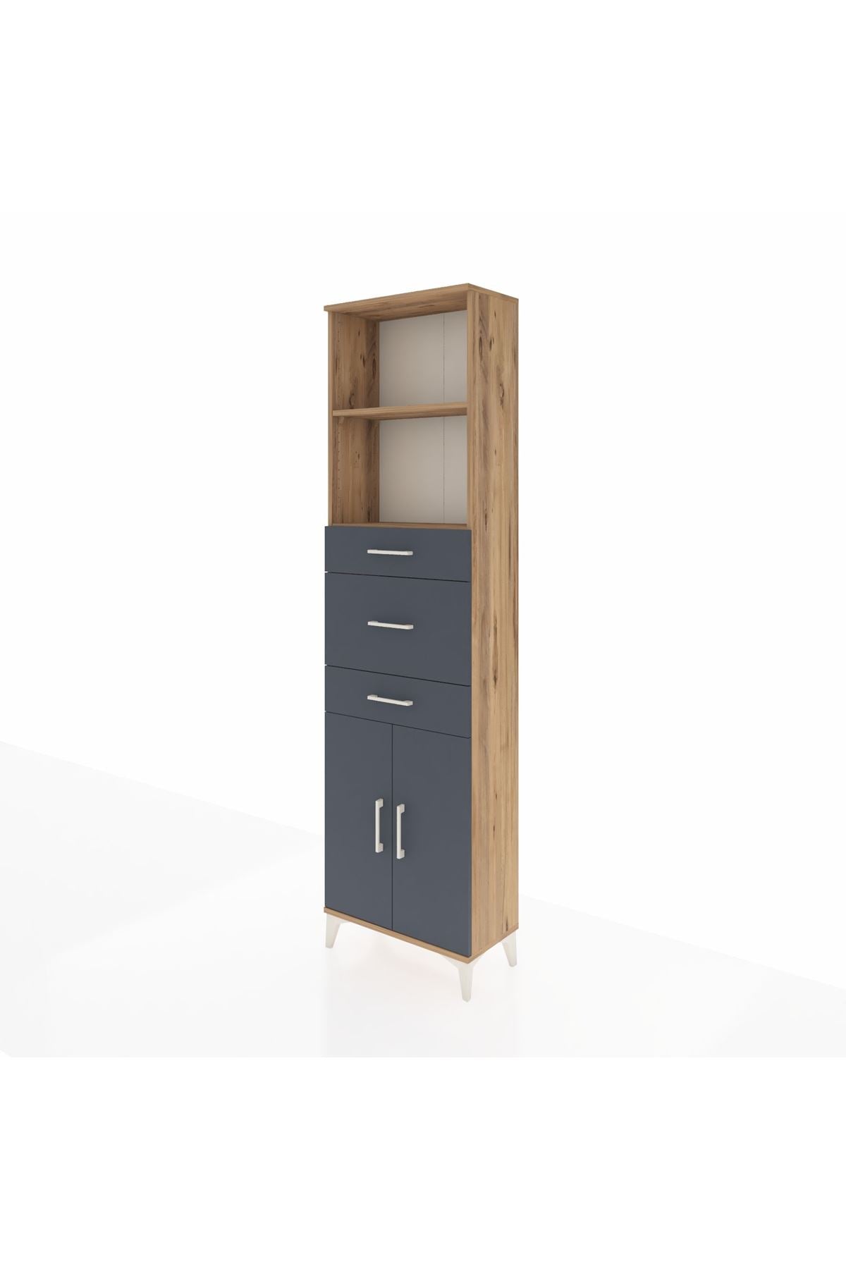 Arges Dolap 3 Raflı 3 Çekmeceli 2 Kapaklı 60x30x221 Çam-Antrasit