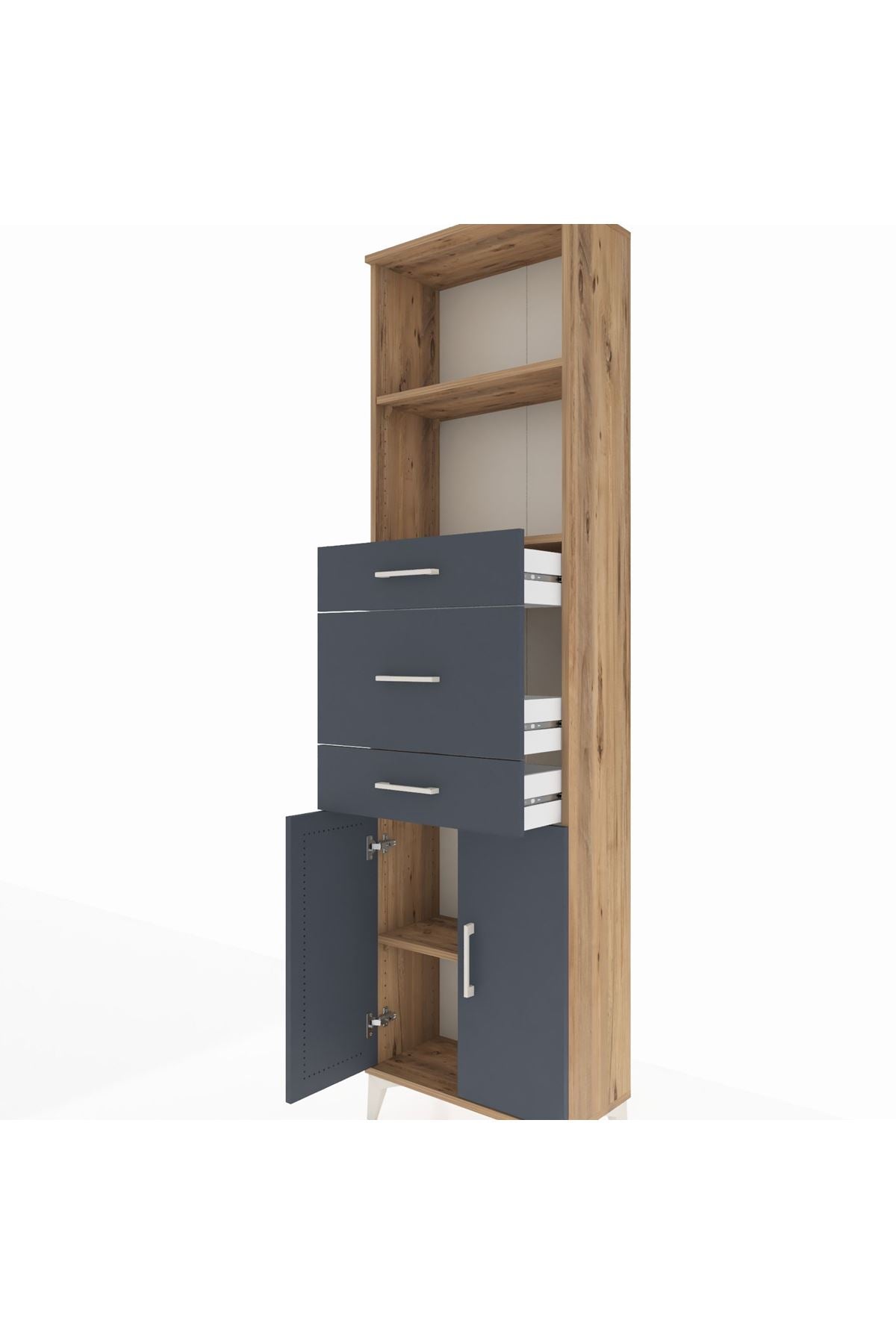 Arges Dolap 3 Raflı 3 Çekmeceli 2 Kapaklı 60x30x221 Çam-Antrasit