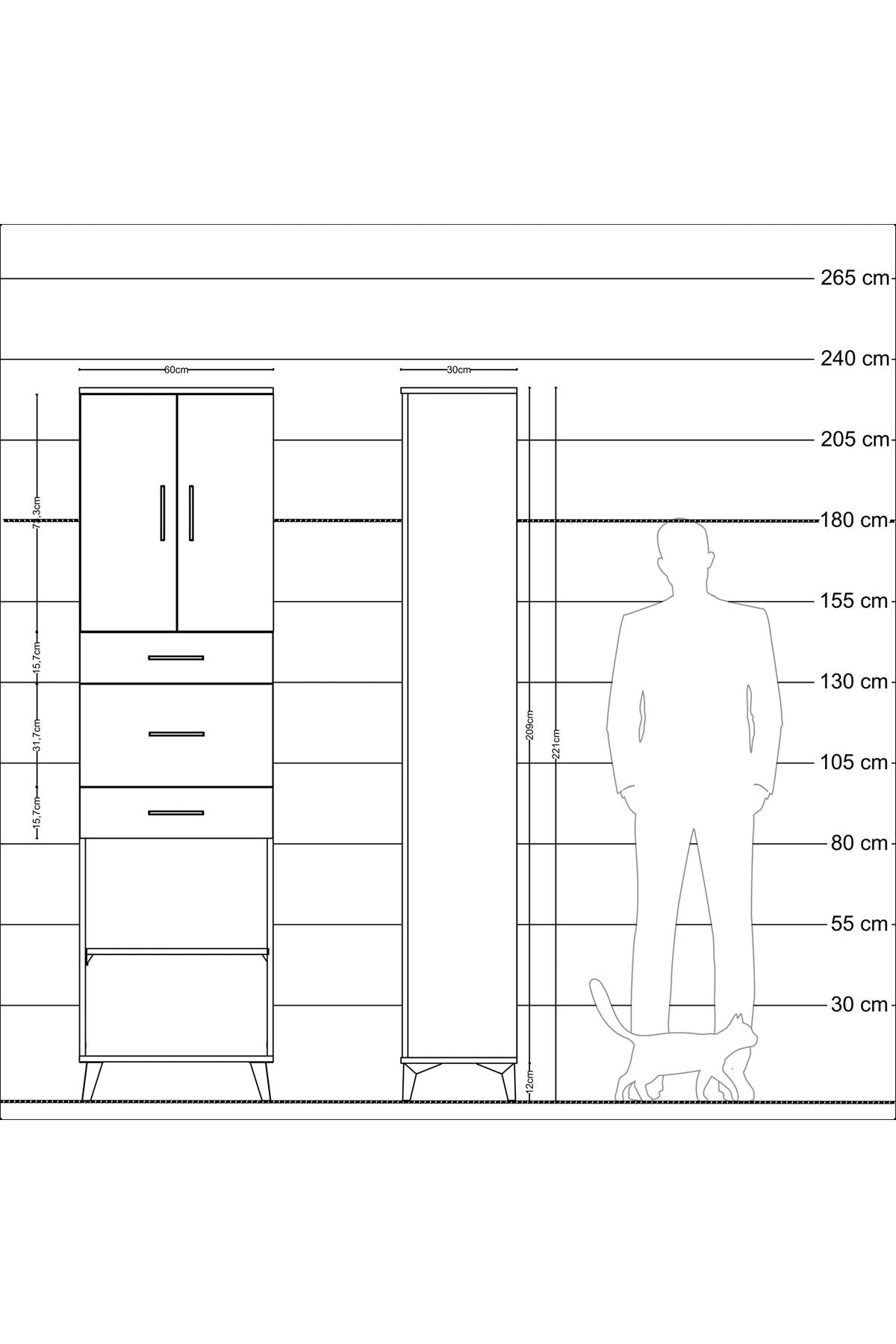 Arges Dolap 3 Raflı 3 Çekmeceli 2 Kapaklı 60x30x221 Antrasit-Aytaşı