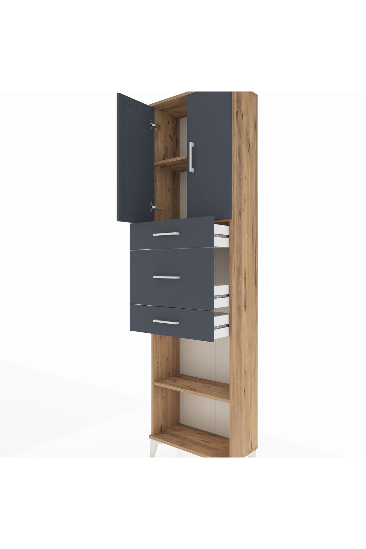 Arges Dolap 3 Raflı 3 Çekmeceli 2 Kapaklı 60x30x221 Çam-Antrasit