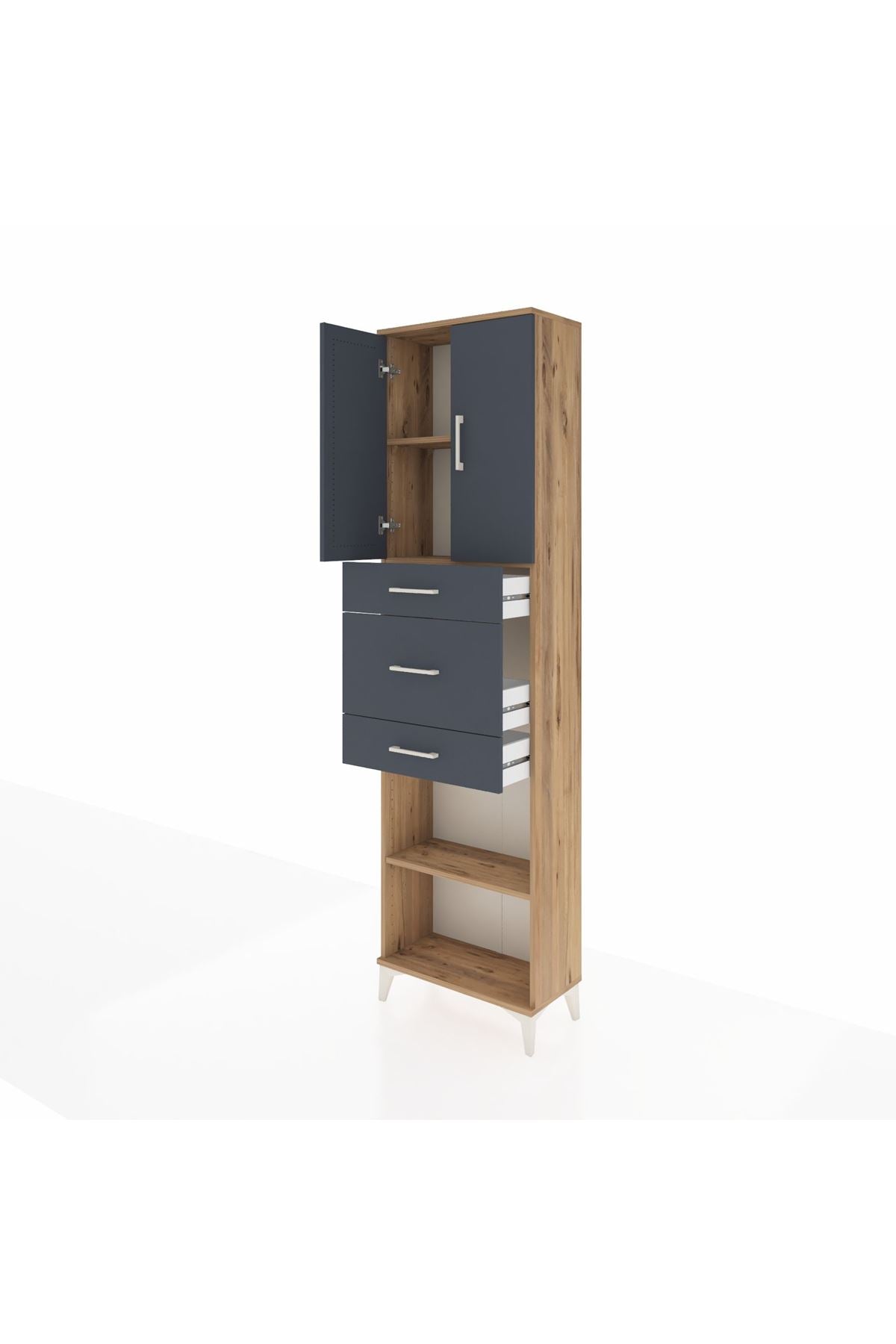 Arges Dolap 3 Raflı 3 Çekmeceli 2 Kapaklı 60x30x221 Çam-Antrasit