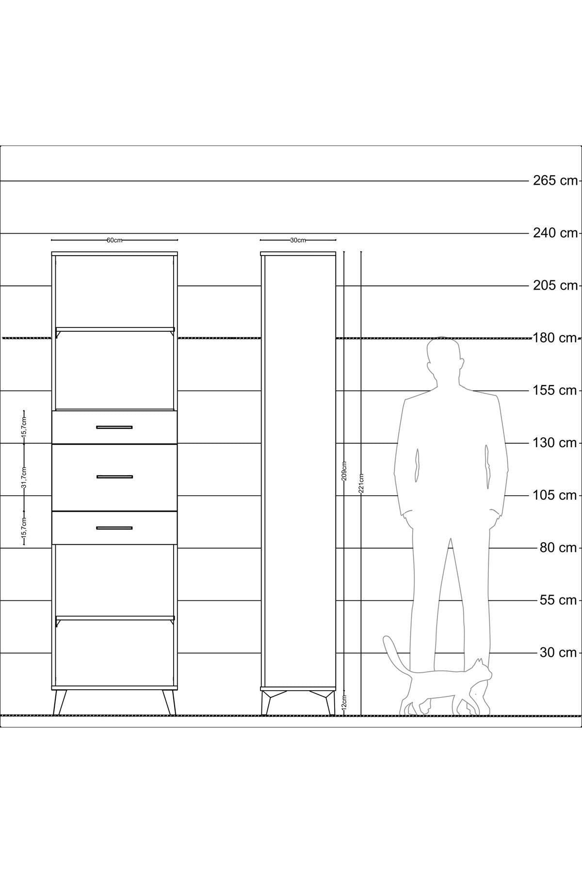 Arges Dolap 3 Raflı 3 Çekmeceli 60x30x221 Çam-Antrasit