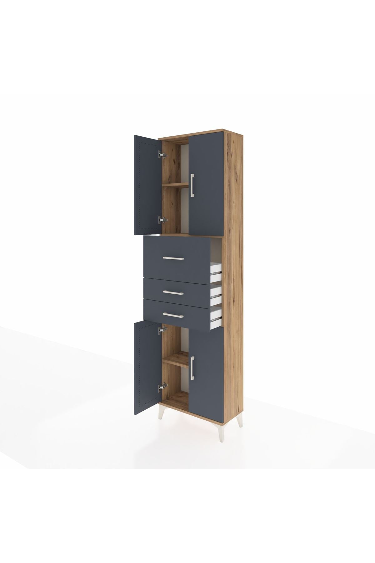 Arges Dolap 3 Raflı 3 Çekmeceli 4 Kapaklı 60x30x221 Çam-Antrasit