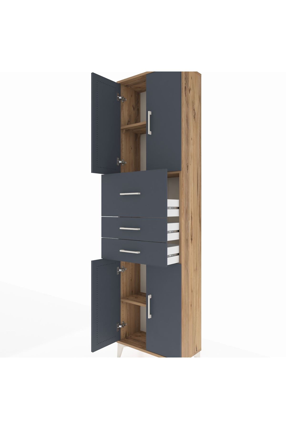 Arges Dolap 3 Raflı 3 Çekmeceli 4 Kapaklı 60x30x221 Çam-Antrasit