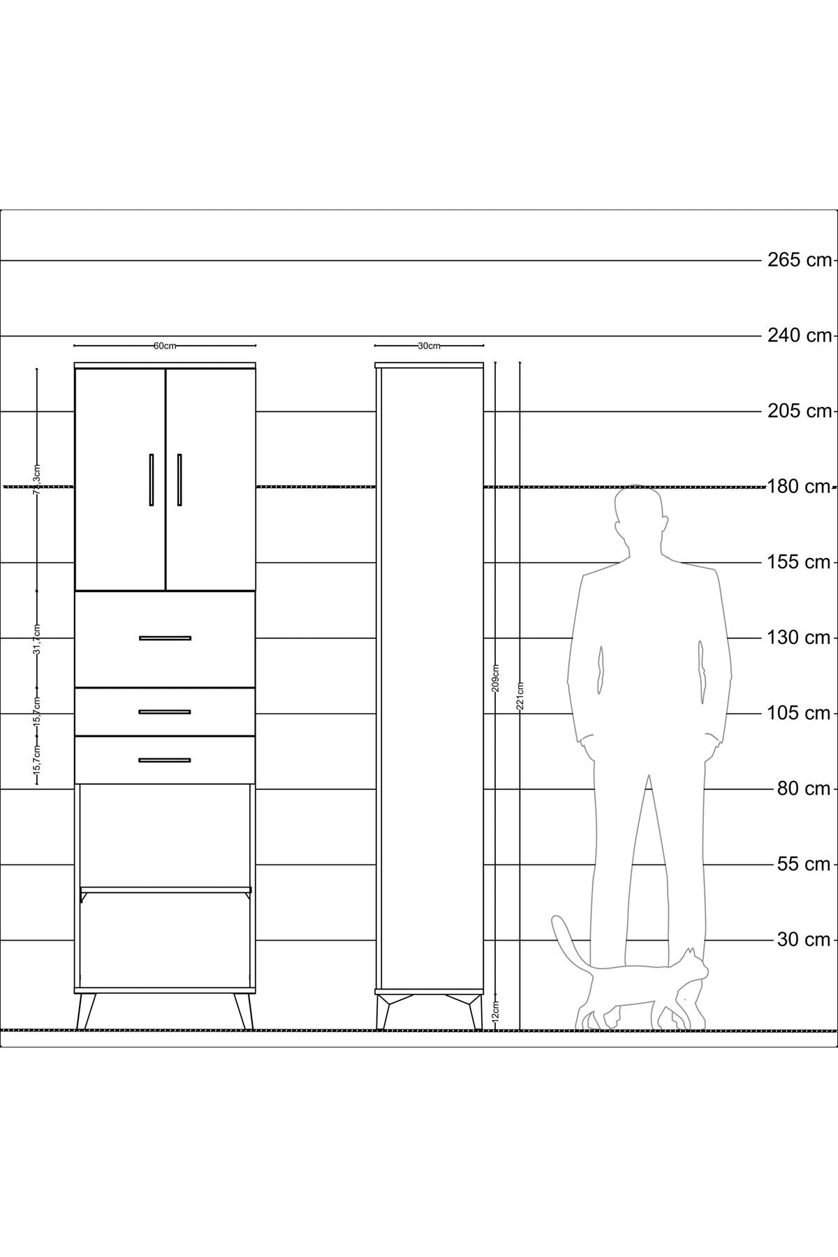 Arges Dolap 3 Raflı 3 Çekmeceli 2 Kapaklı 60x30x221 Antrasit-Çam