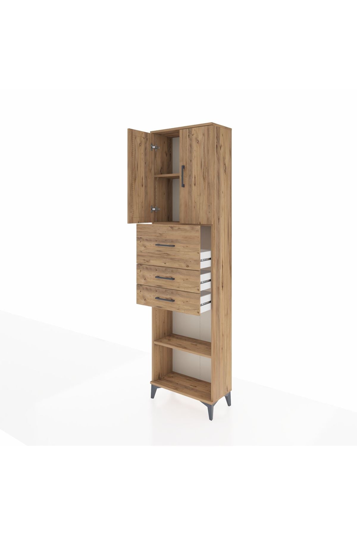 Arges Dolap 3 Raflı 3 Çekmeceli 2 Kapaklı 60x30x221 Çam-Çam