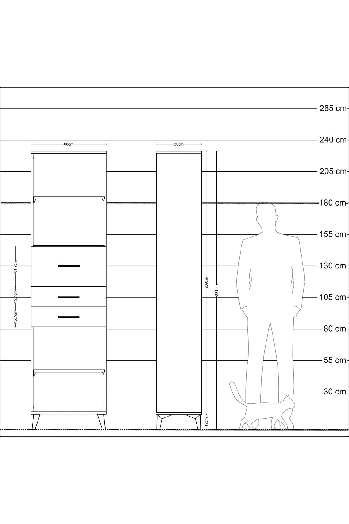 Arges Dolap 3 Raflı 3 Çekmeceli 60x30x221 Çam-Antrasit