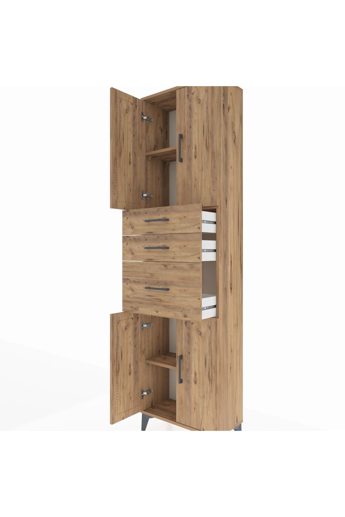 Arges Dolap 3 Raflı 3 Çekmeceli 4 Kapaklı 60x30x221 Çam-Çam