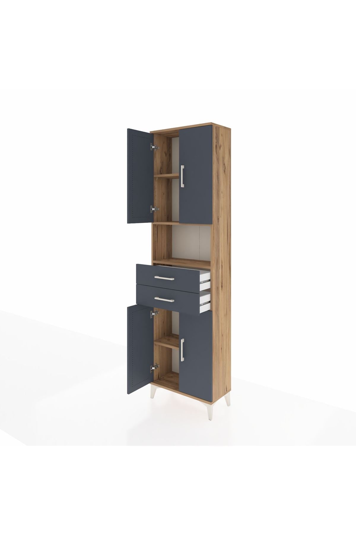 Arges Dolap 4 Raflı 2 Çekmeceli 4 Kapaklı 60x30x221 Çam-Antrasit