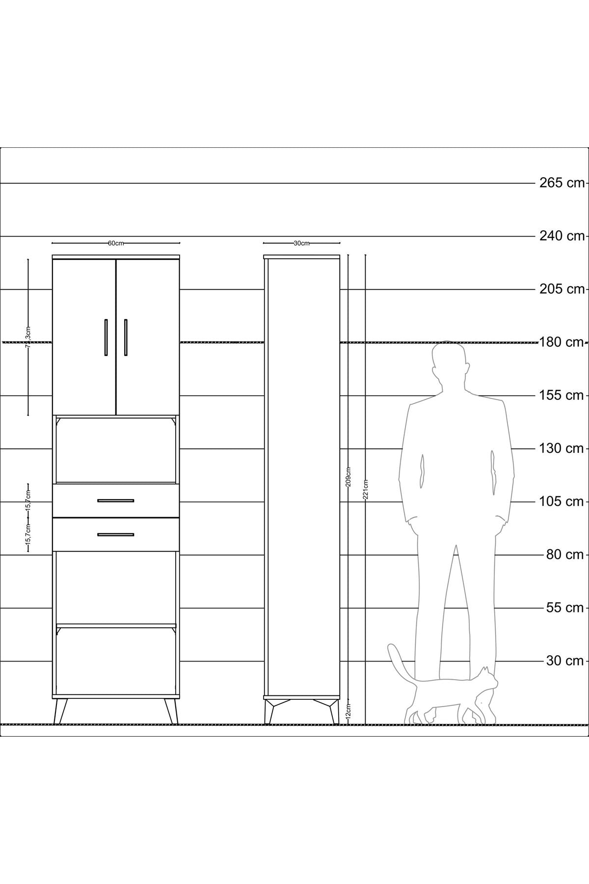 Arges Dolap 4 Raflı 2 Çekmeceli 2 Kapaklı 60x30x221 Çam-Antrasit
