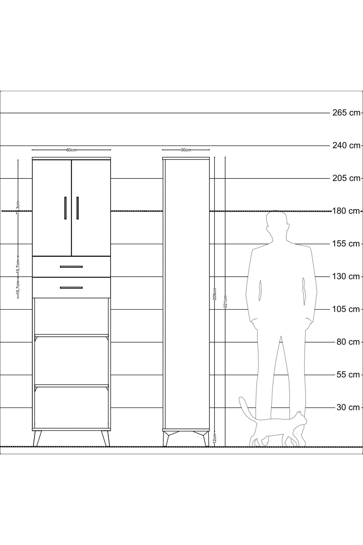 Arges Dolap 4 Raflı 2 Çekmeceli 2 Kapaklı 60x30x221 Antrasit-Çam