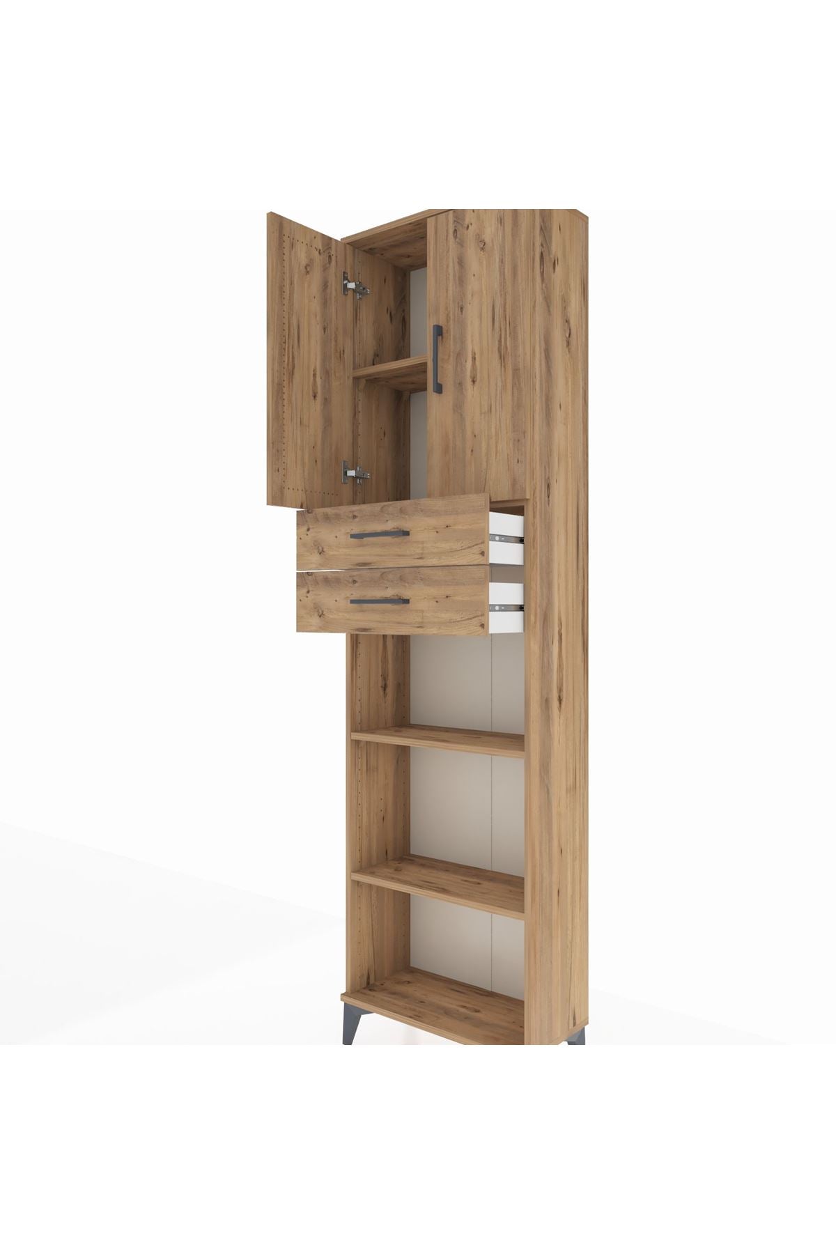 Arges Dolap 4 Raflı 2 Çekmeceli 2 Kapaklı 60x30x221 Çam-Çam