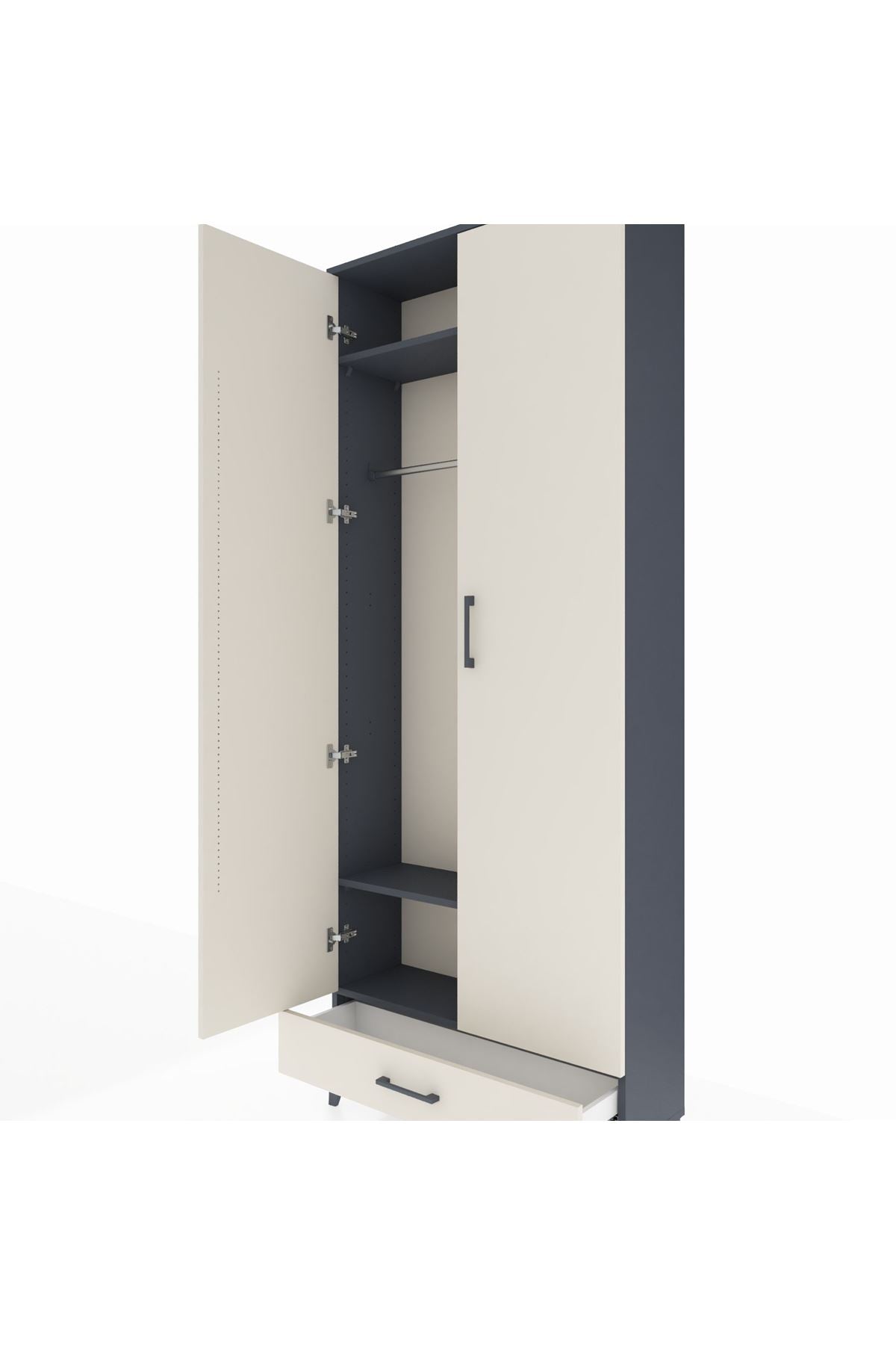 Arges Dolap 3 Raflı Tek Çekmeceli Tek Askılı 88x30x221 Antrasit-Aytaşı