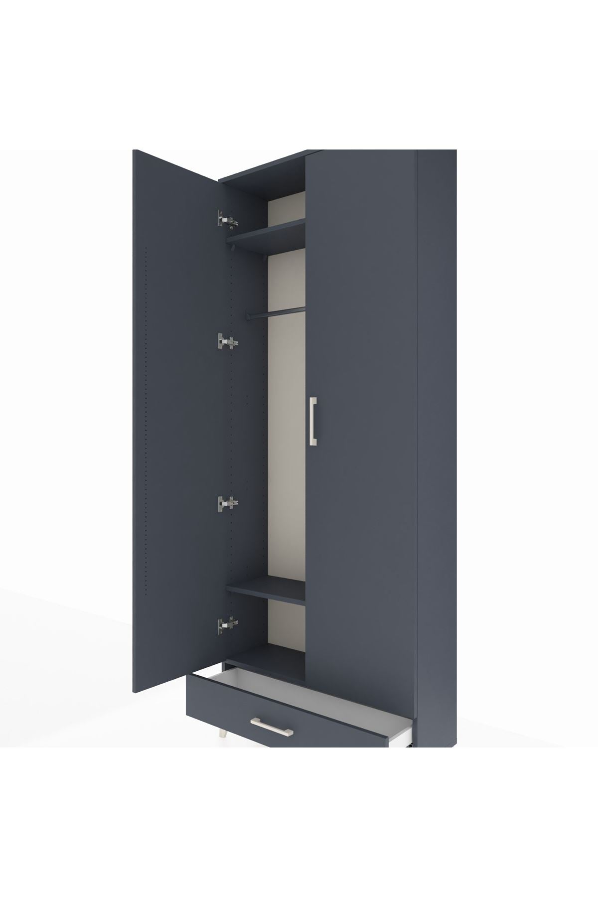 Arges Dolap 3 Raflı Tek Çekmeceli Tek Askılı 88x30x221 Antrasit-Antrasit