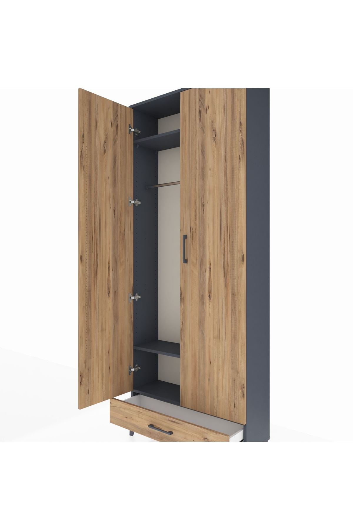 Arges Dolap 3 Raflı Tek Çekmeceli Tek Askılı 88x30x221 Antrasit-Çam