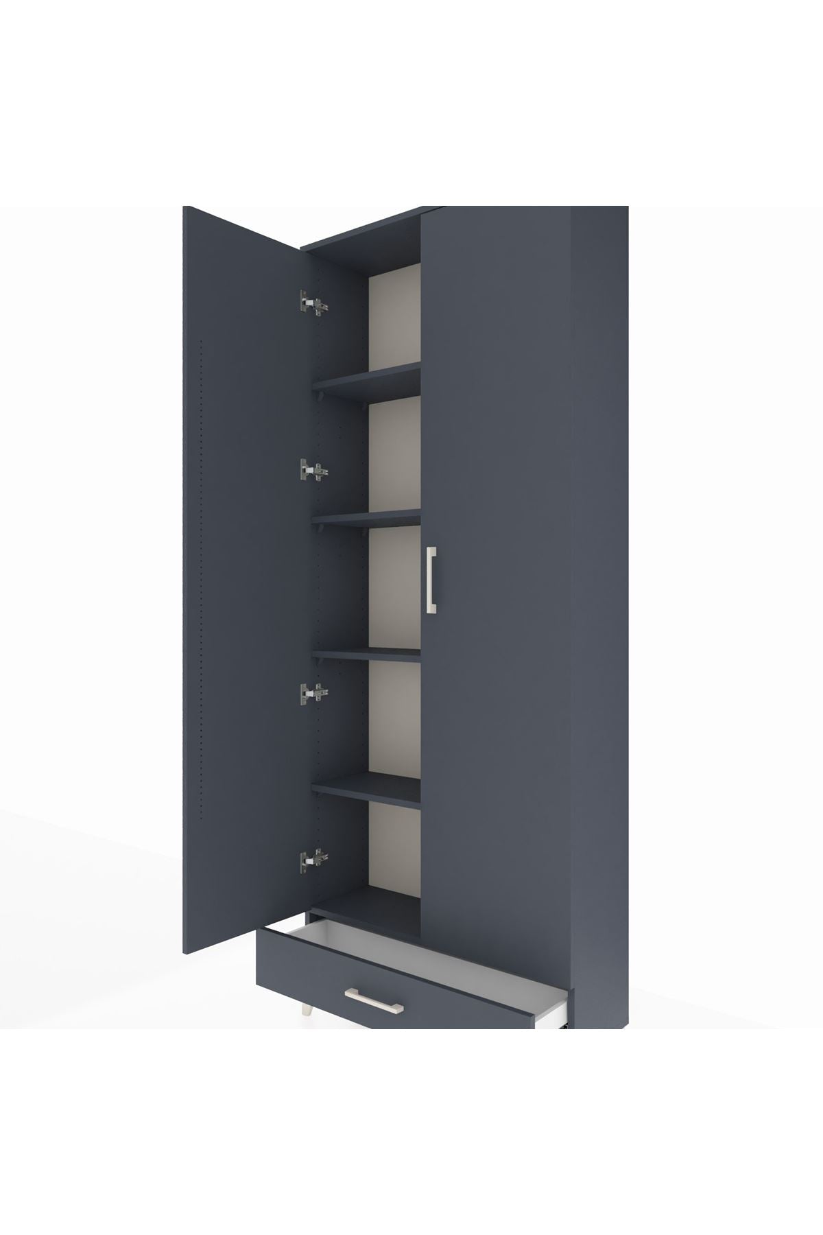 Arges Dolap 5 Raflı Tek Çekmeceli 2 Kapaklı 88x30x221 Antrasit-Antrasit