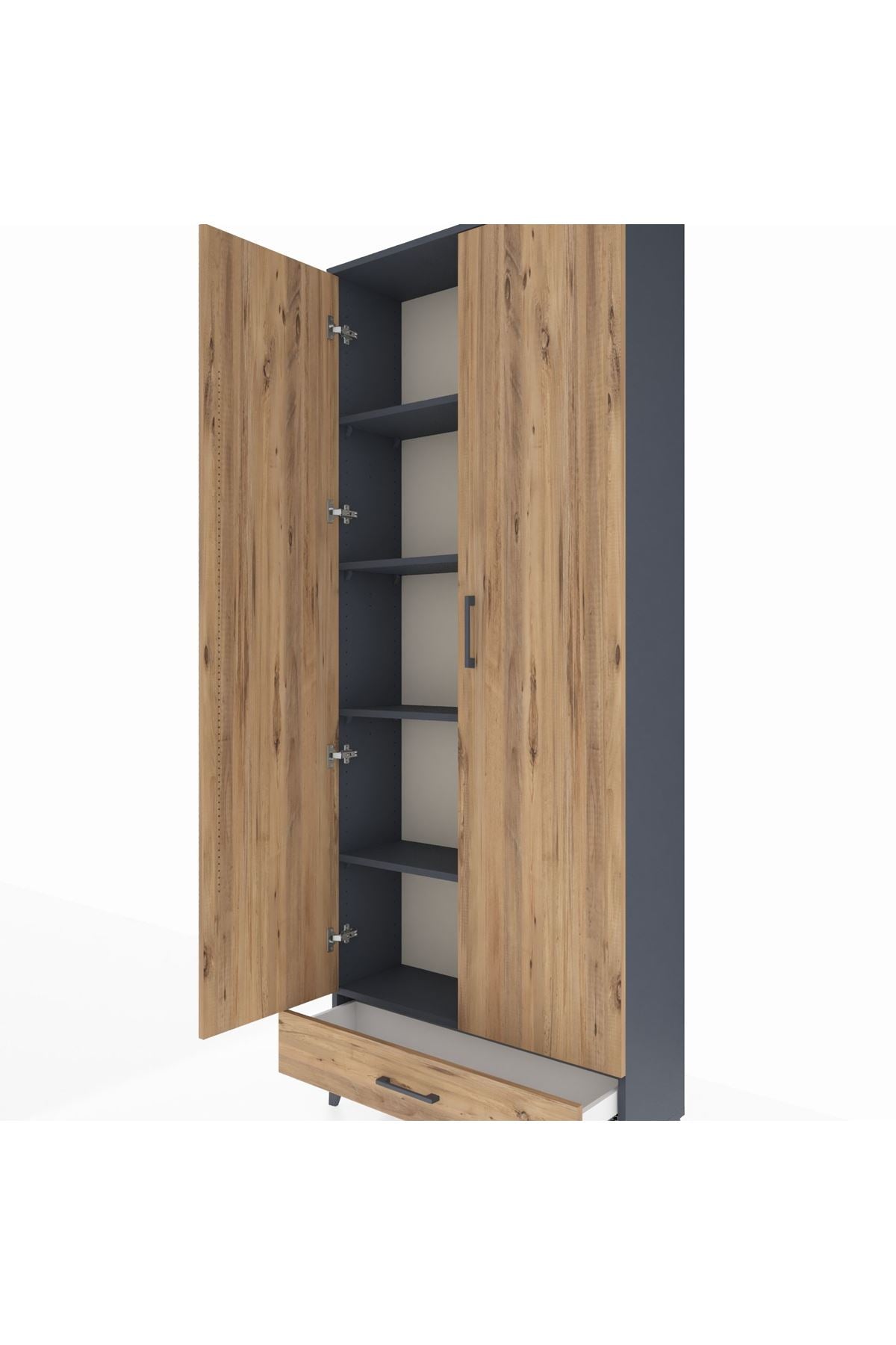 Arges Dolap 5 Raflı Tek Çekmeceli 2 Kapaklı 88x30x221 Antrasit-Çam
