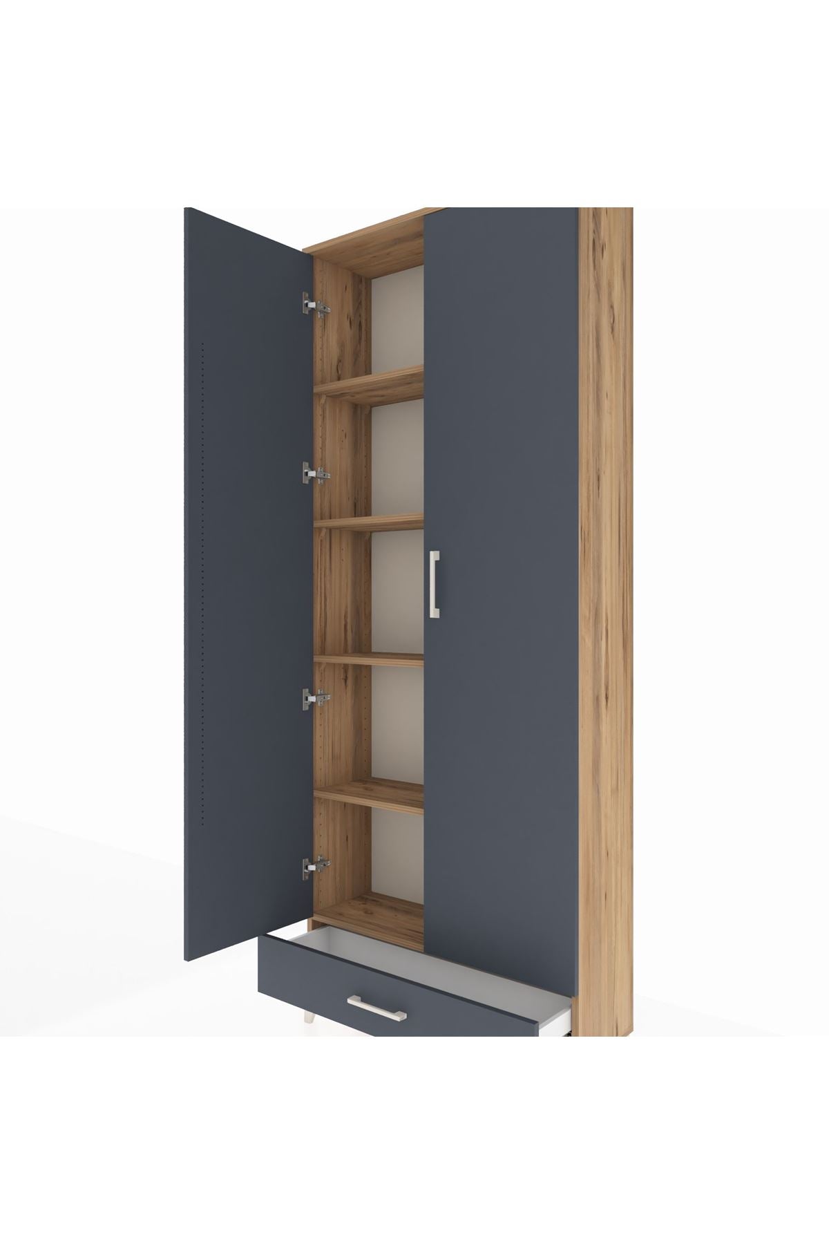 Arges Dolap 5 Raflı Tek Çekmeceli 2 Kapaklı 88x30x221 Çam-Antrasit
