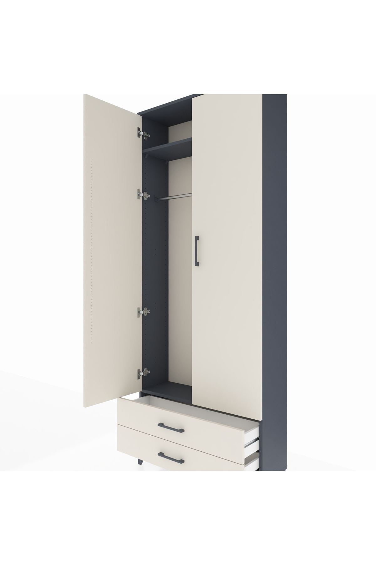 Arges Dolap 2 Raflı 2 Çekmeceli Tek Askılı 88x30x221 Antrasit-Aytaşı