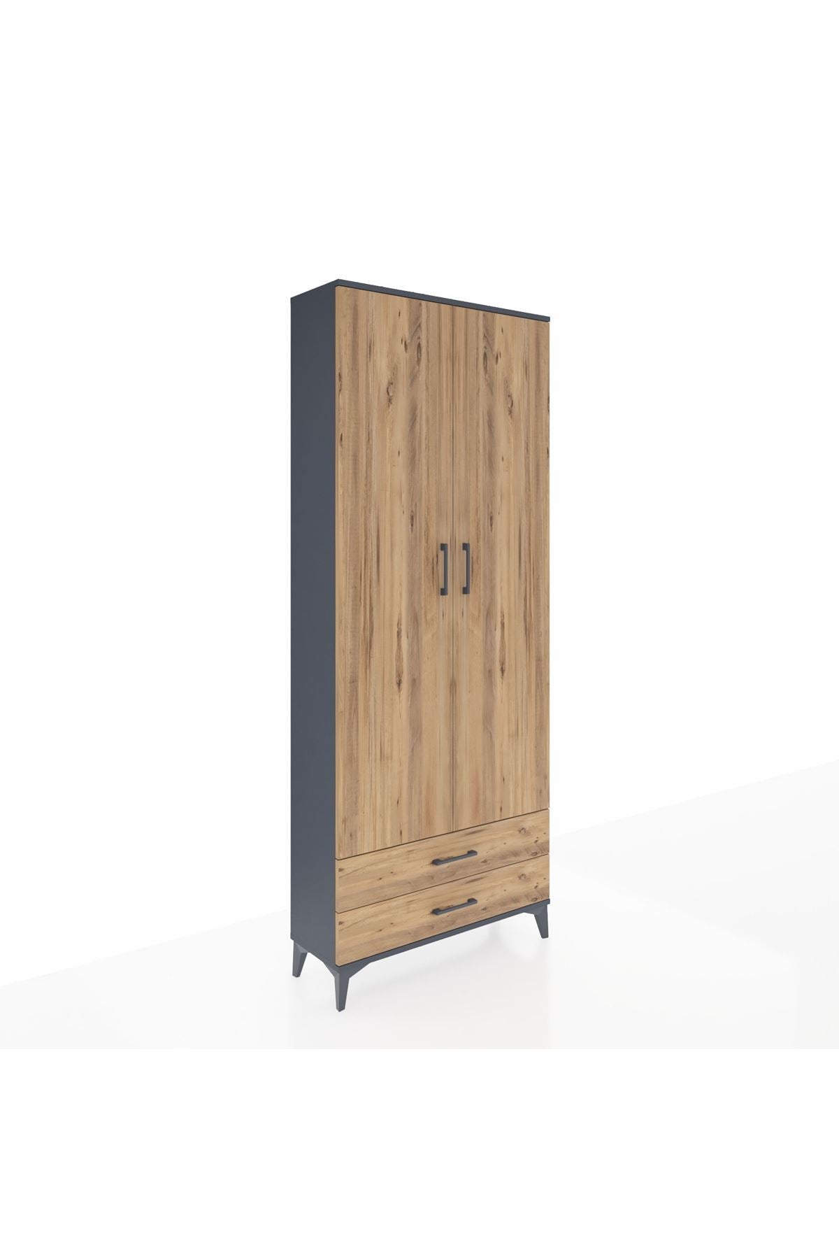 Arges Dolap 2 Raflı 2 Çekmeceli Tek Askılı 88x30x221 Antrasit-Çam