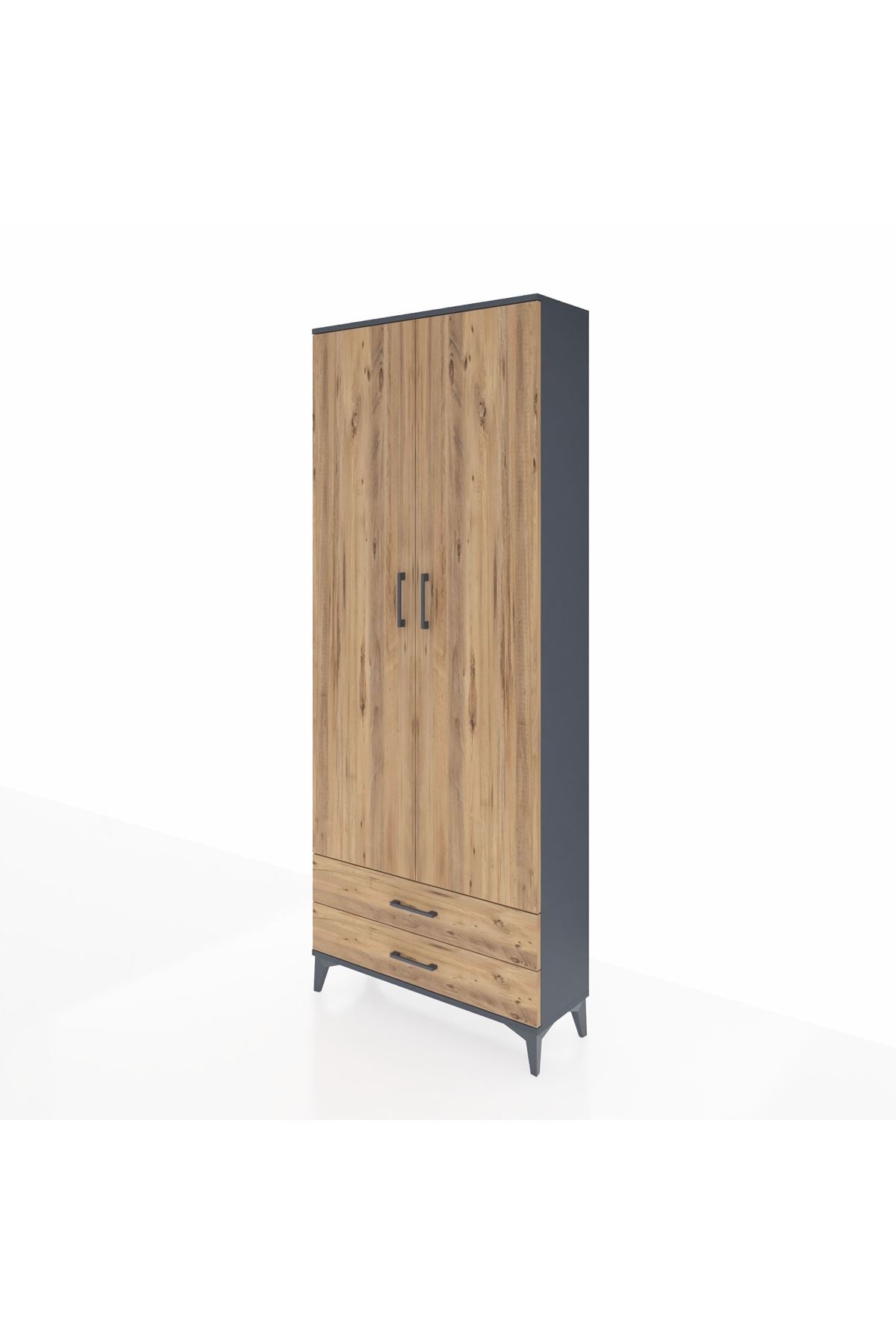 Arges Dolap 2 Raflı 2 Çekmeceli Tek Askılı 88x30x221 Antrasit-Çam