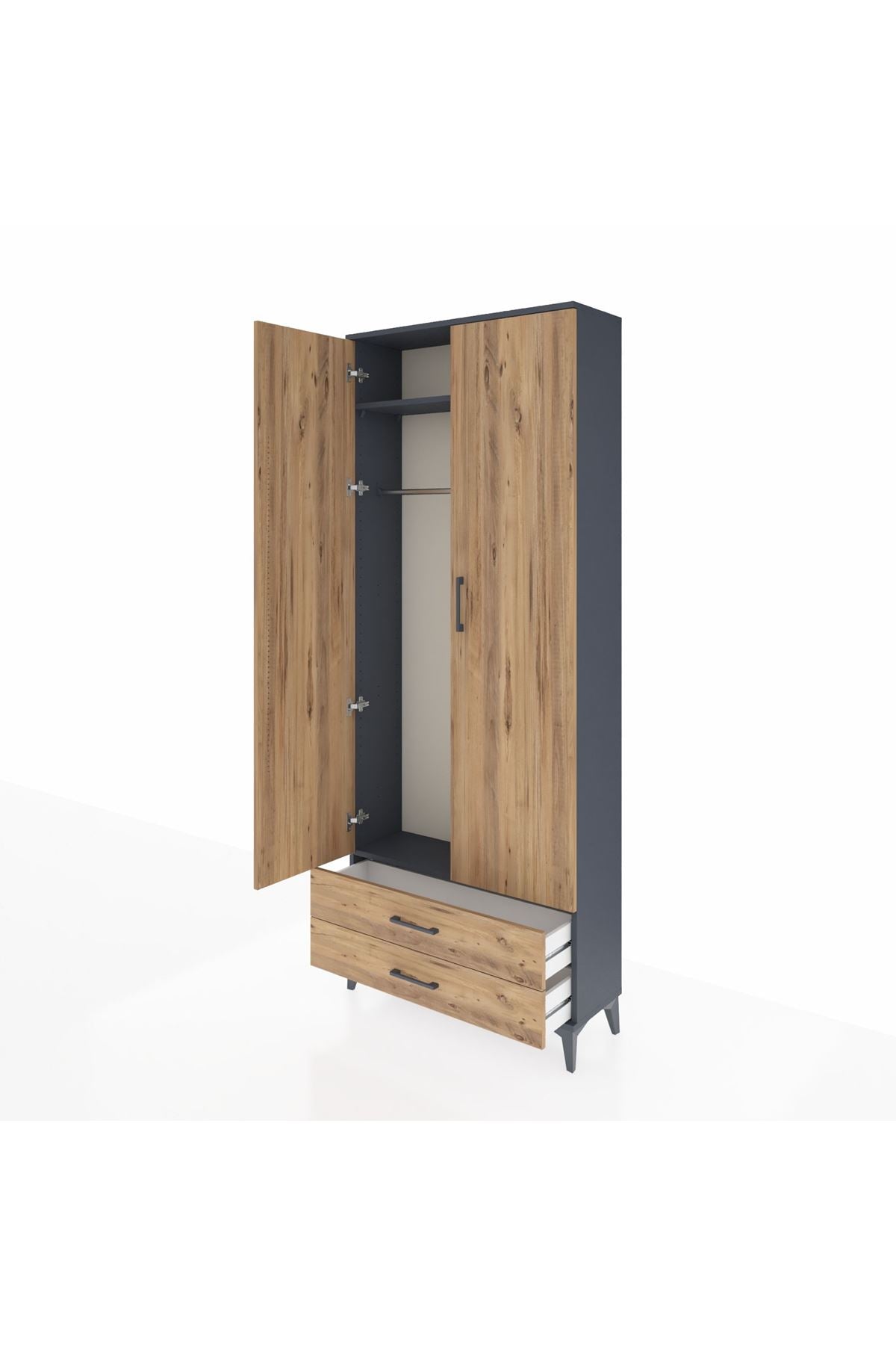 Arges Dolap 2 Raflı 2 Çekmeceli Tek Askılı 88x30x221 Antrasit-Çam